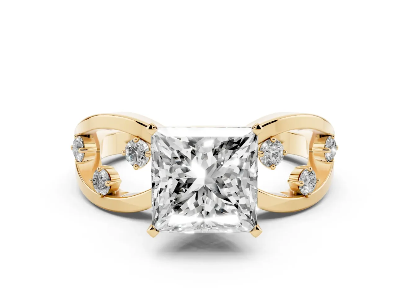 Princess Cut Diamond Solitaire Ring Set in Yellow gold with Side Stones on Criss-Cross Band and Prong Setting