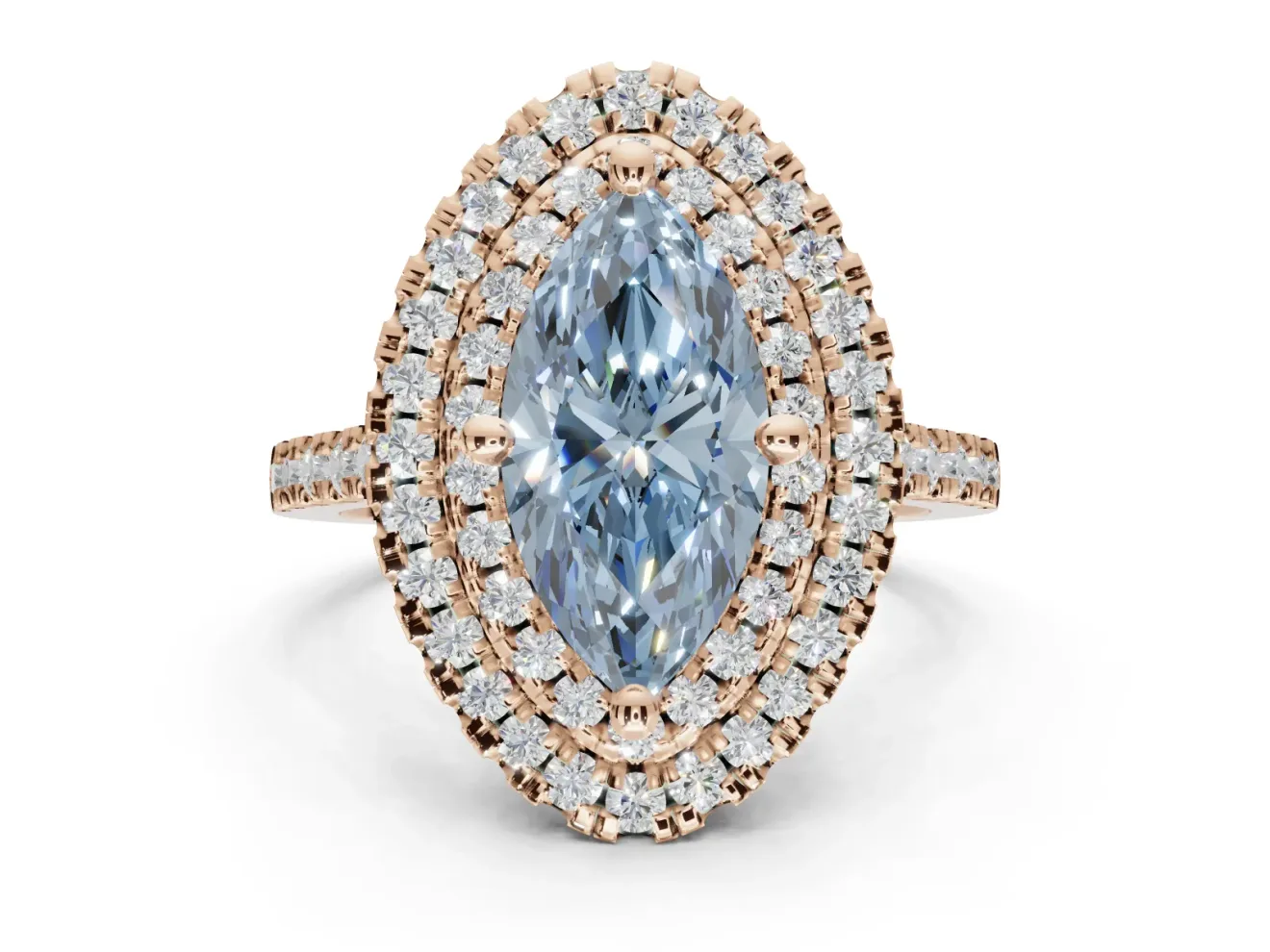Marquise Double Halo Engagement Ring Setting for a Fancy Blue Lab-Grown Diamond | Pave Shoulders | Rose Gold