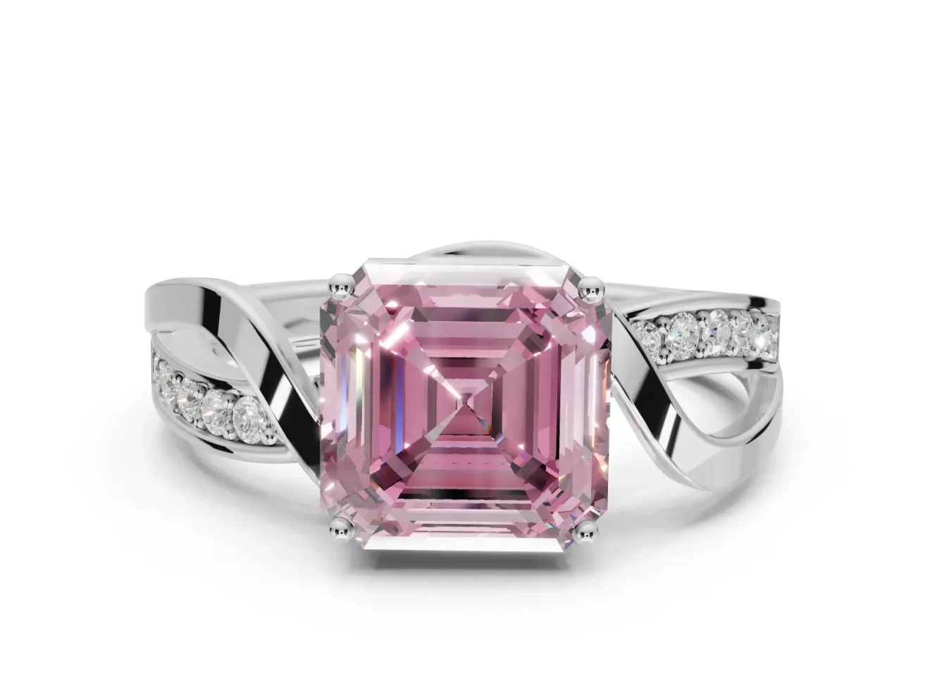 Asscher Cut Bypass Solitaire Engagement Ring Setting for a Fancy Pink Lab-Grown Diamond | Pavé Strands | Sterling Silver