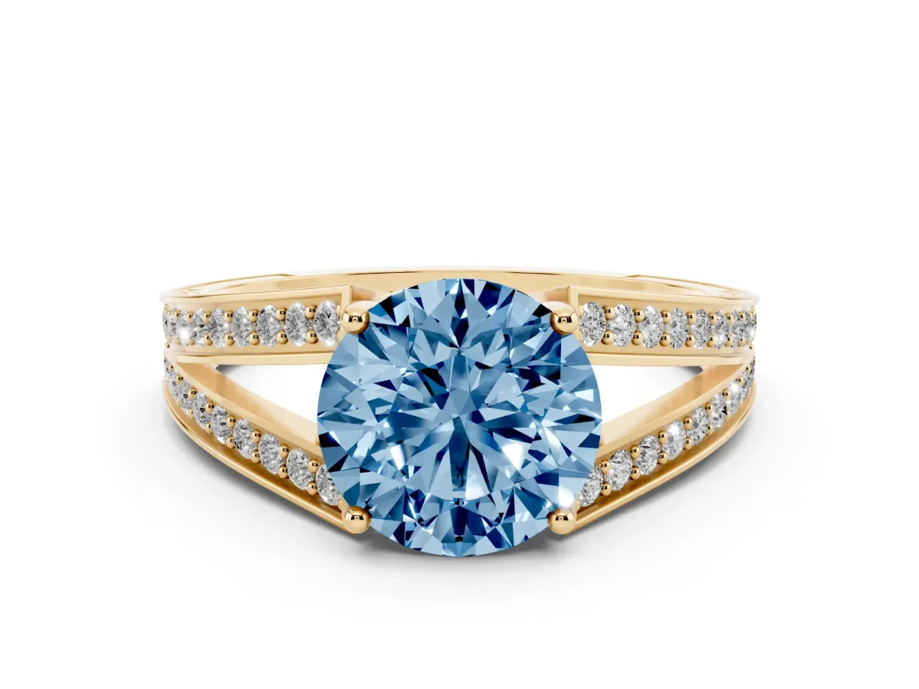 Round Split Shank Pavé Engagement Ring Setting for a Fancy Blue Lab-Grown Diamond | Yellow Gold