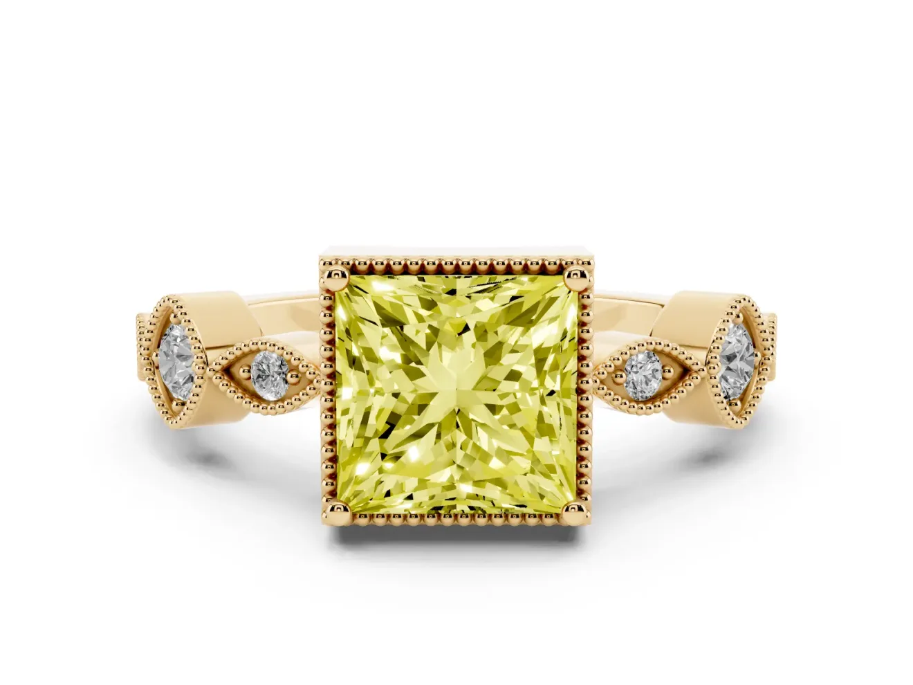 Fancy Yellow Princess Cut Diamond Vintage-Inspired Milgrain Ring Set in Yellow gold with Marquise Stations of Round Accents