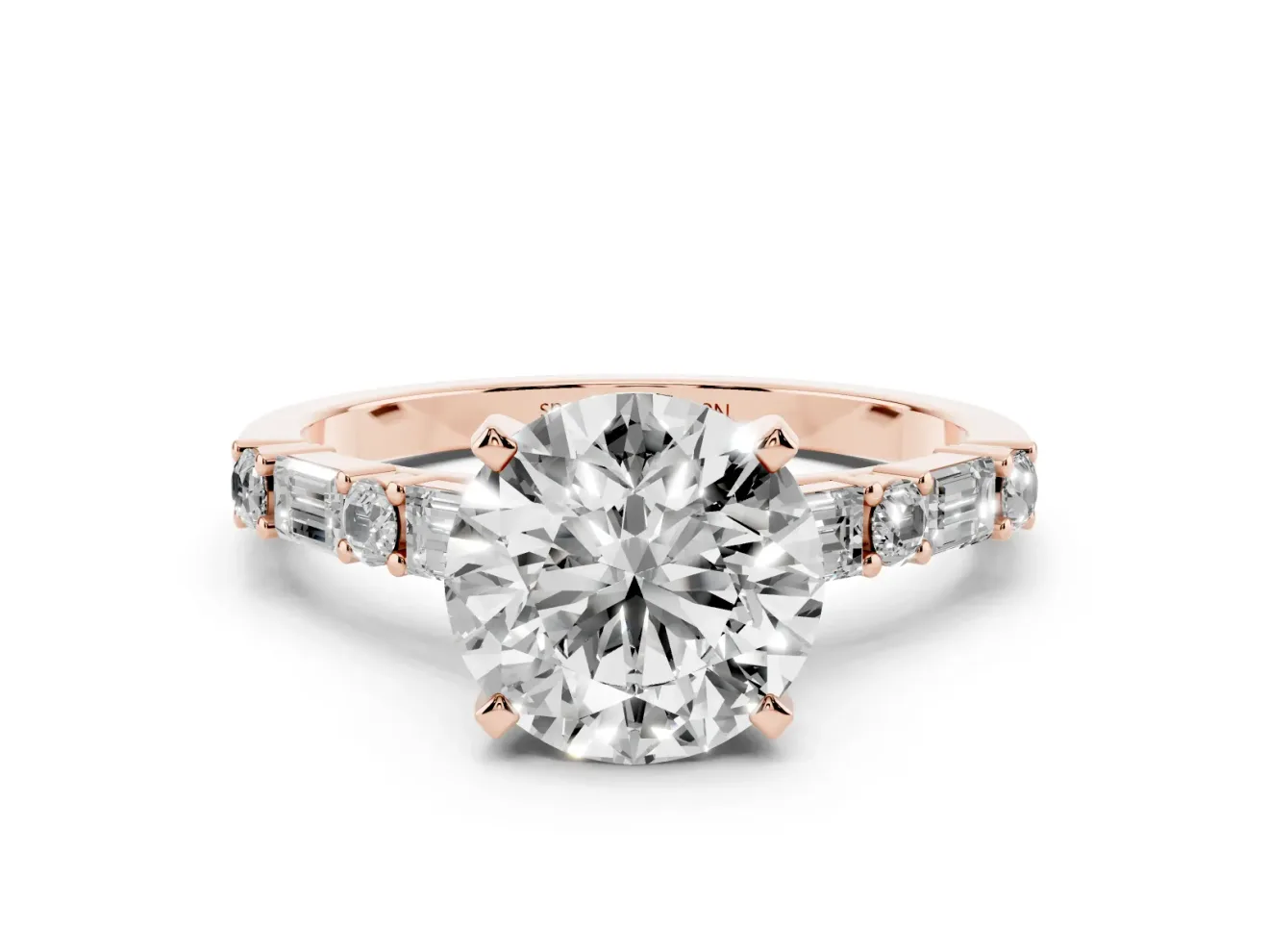 Round Cut Diamond Solitaire Set in Rose gold with Side Baguettes and Channel Set Band
