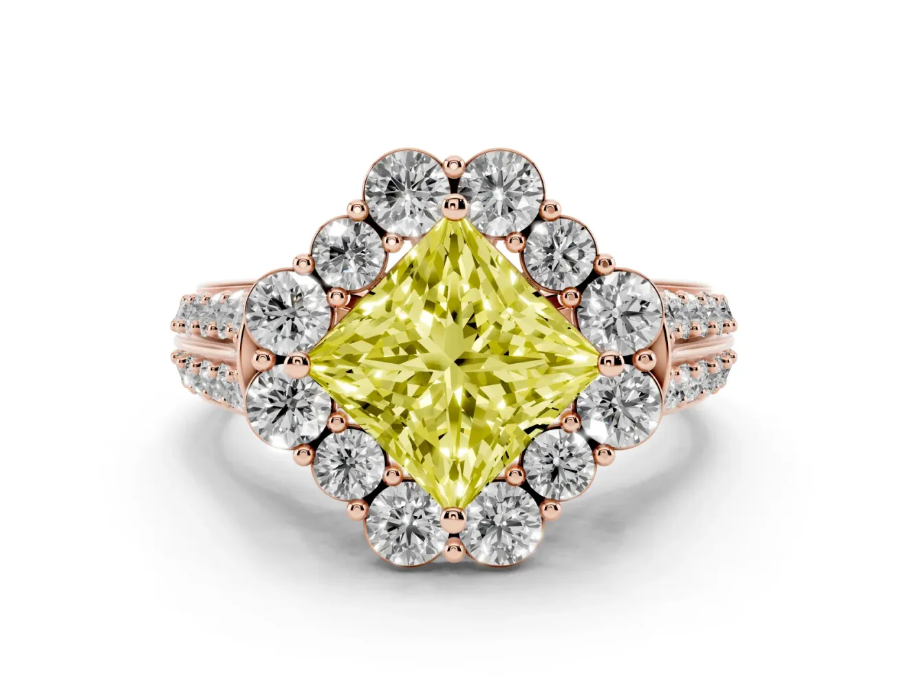 Princess Cut Large Accent Halo Engagement Ring Setting for a Fancy Yellow Lab-Grown Diamond | Graduated Pavé | Rose Gold