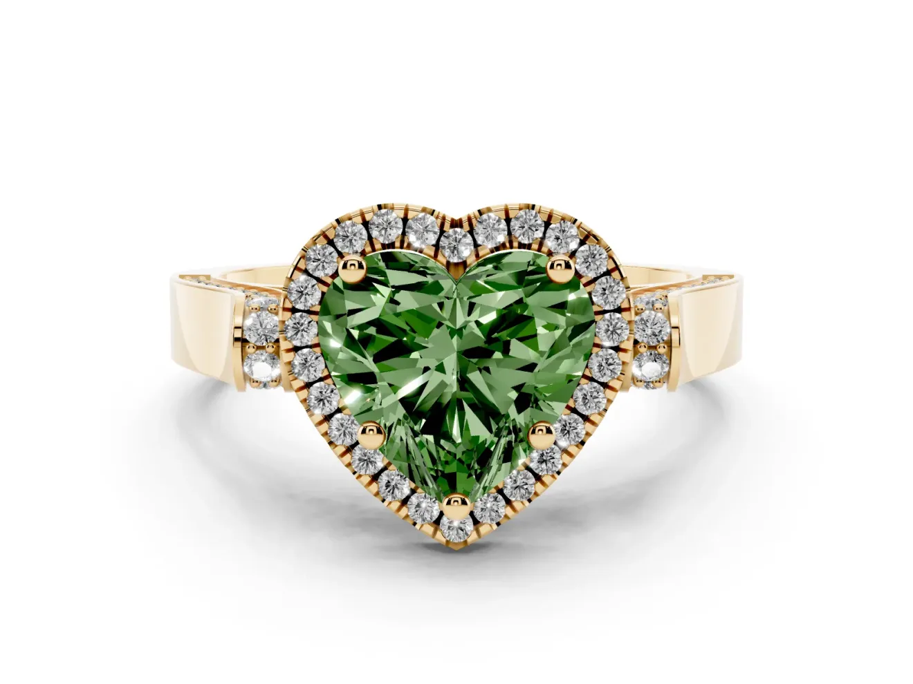 Heart-Shaped Halo Engagement Ring Setting for a Fancy Green Lab-Grown Diamond | Pointed Pave Shoulders | Yellow Gold