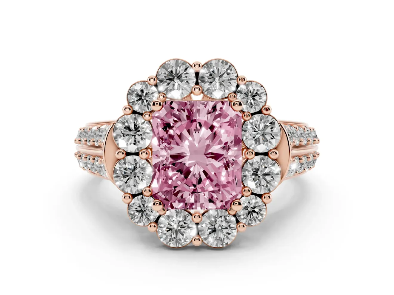Radiant Cut Large Accent Halo Engagement Ring Setting for a Fancy Pink Lab-Grown Diamond | Rose Gold