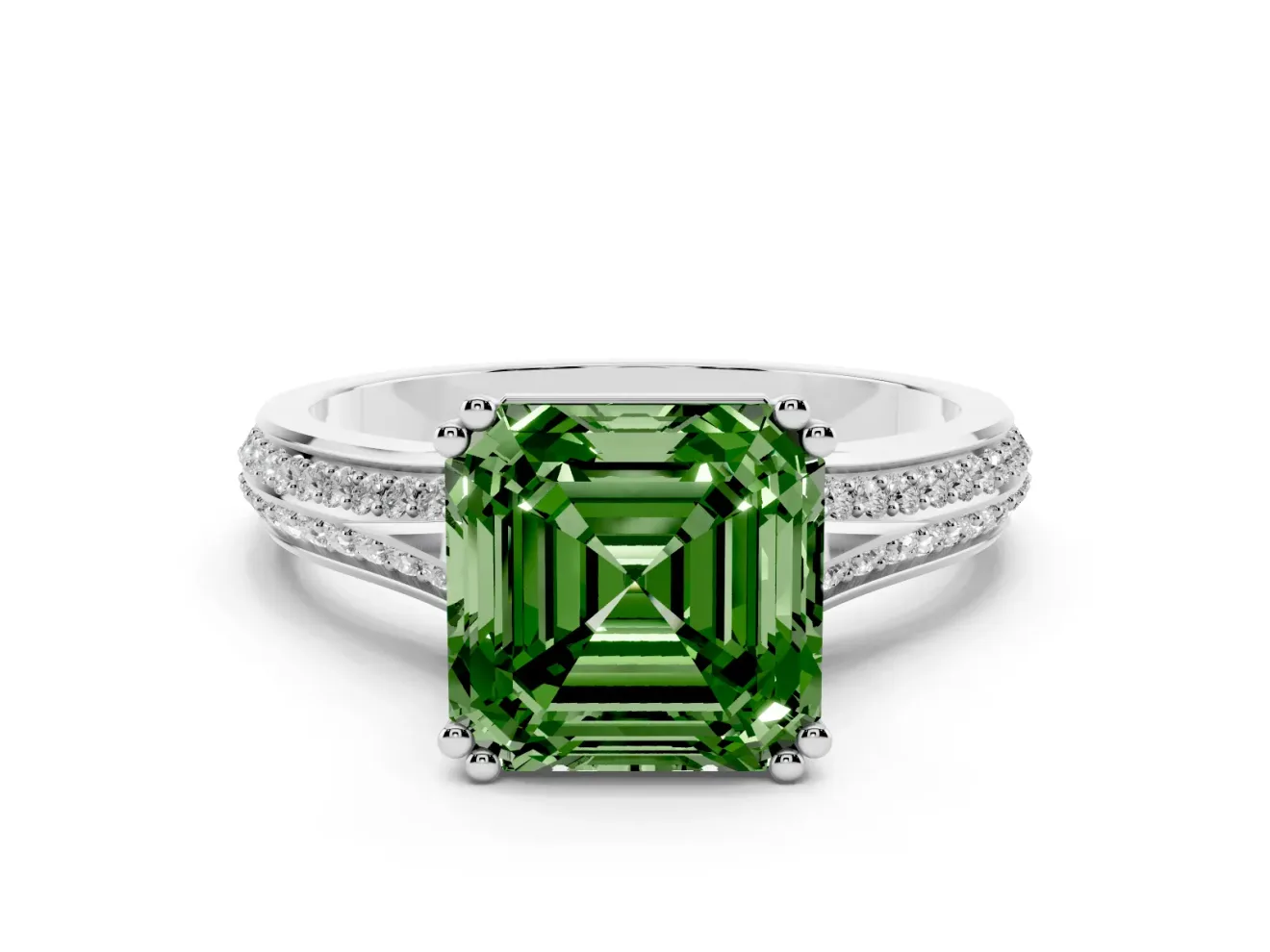 Asscher Cut Split Shank Engagement Ring Setting for a Fancy Green Lab-Grown Diamond | Pave Band | Sterling Silver