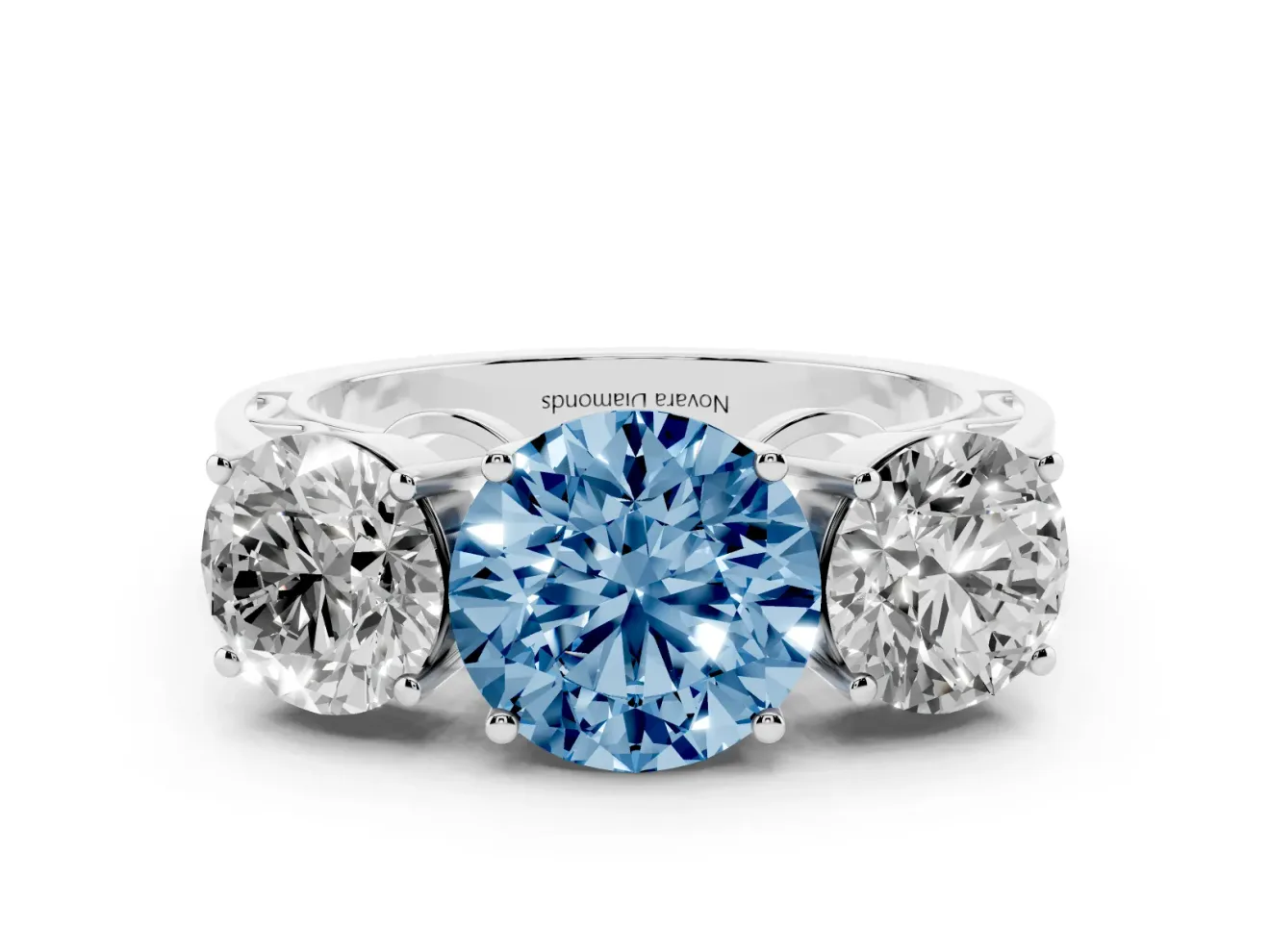 Round Engagement Ring Setting for a Fancy Blue Lab-Grown Diamond | Three Stone | White Gold