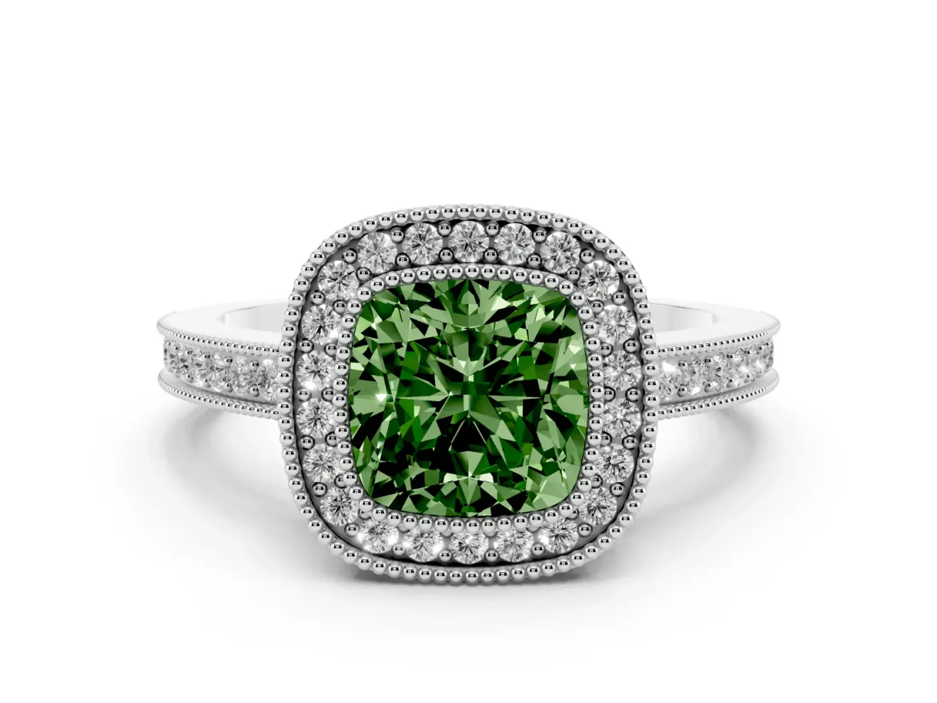 Fancy Green Cushion Cut Diamond Halo Ring Set in White gold with Pavé Band and Milgrain-Edged Prongs