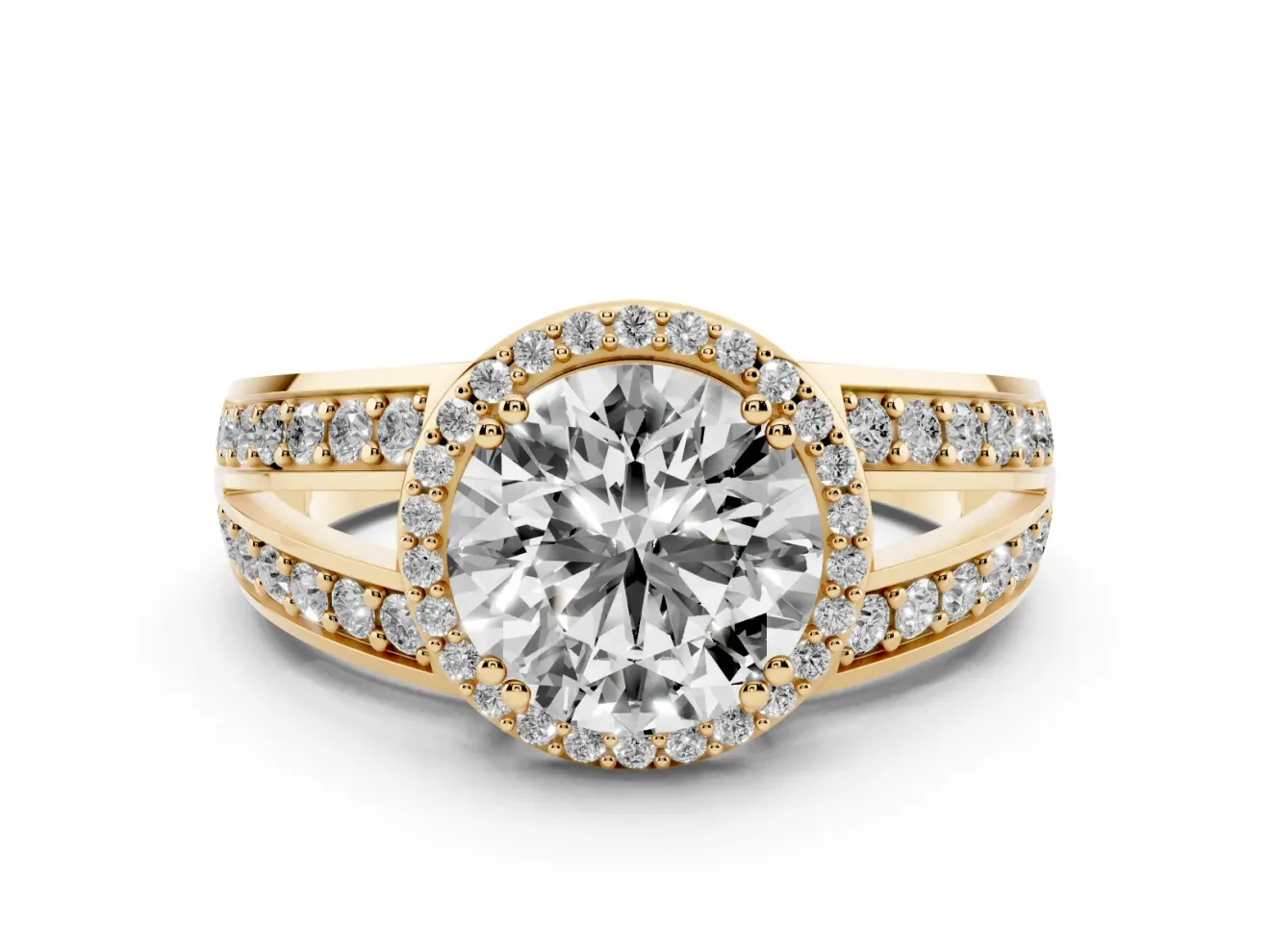 Round Halo Engagement Ring Setting | Two-Row Pave Split Shank | Yellow Gold