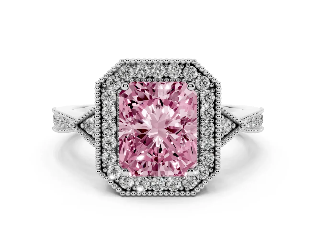 Fancy Pink Radiant Cut Diamond Halo Engagement Ring Set in White gold with Milgrain Pavé Band