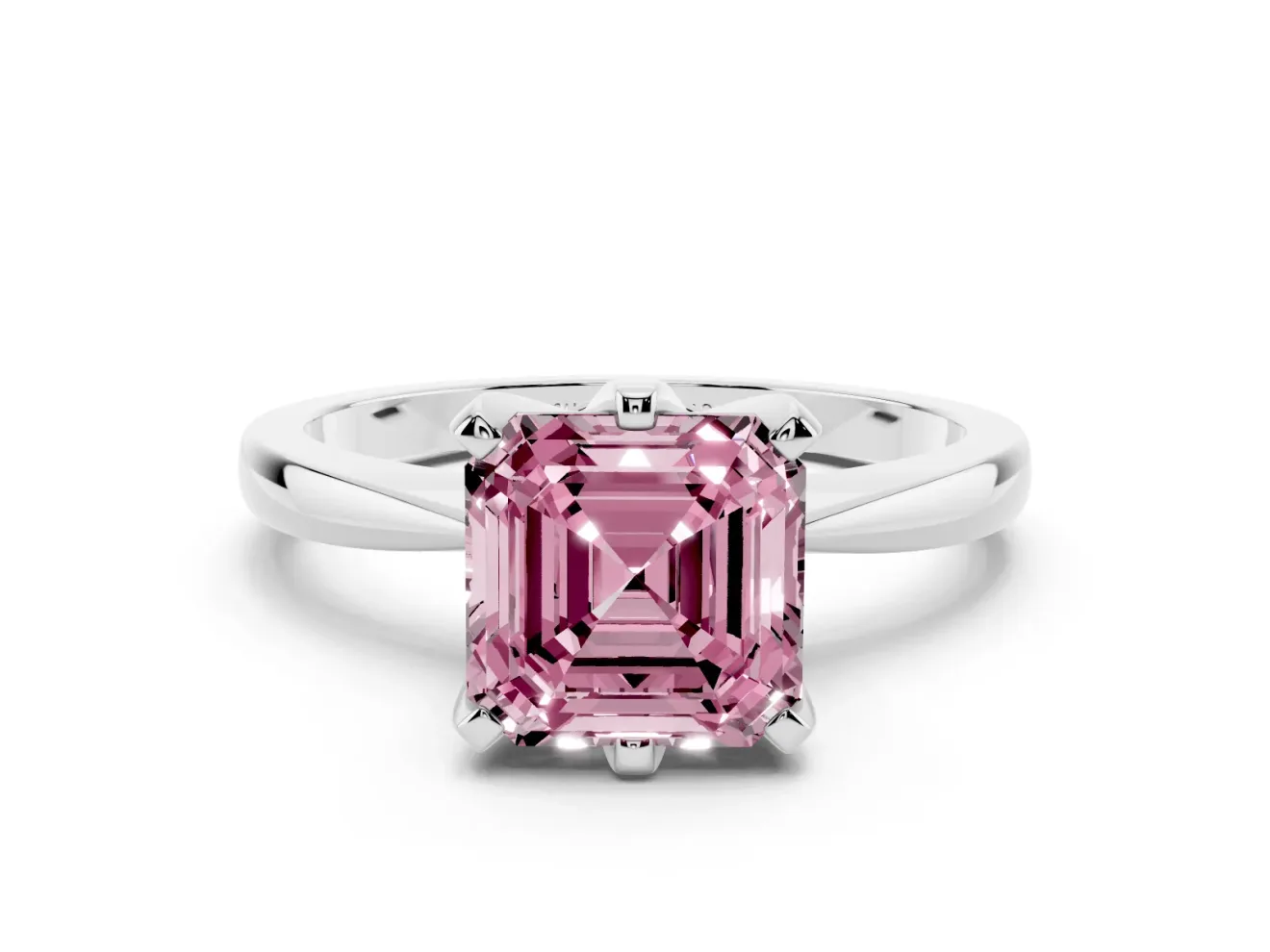 Fancy Pink Asscher Cut Diamond Solitaire Engagement Ring Set in White gold with Slim Tapered Solitaire Band