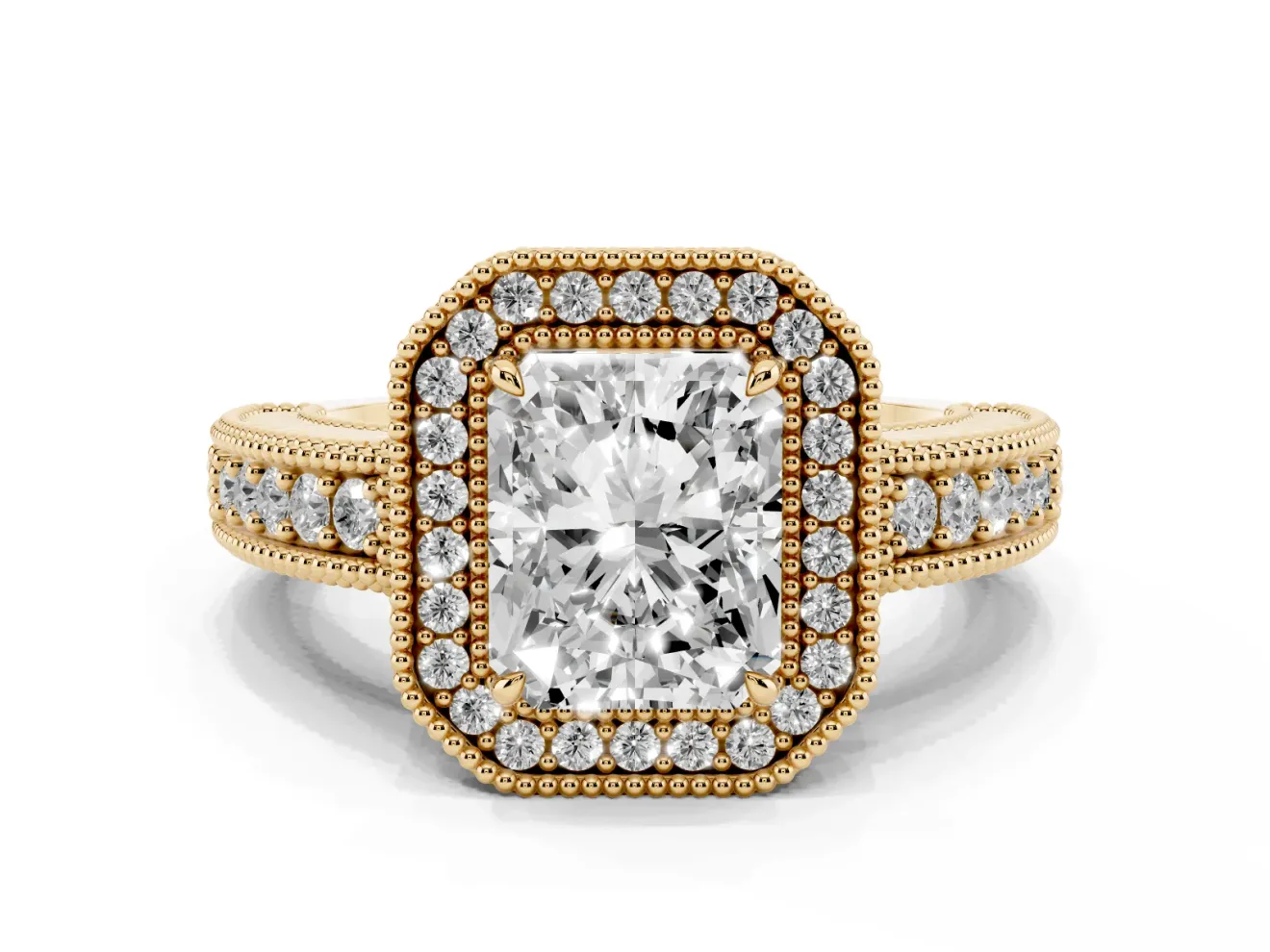 Radiant Cut Vintage Milgrain Halo Engagement Ring Setting | Carved Leaf Detail | Yellow Gold
