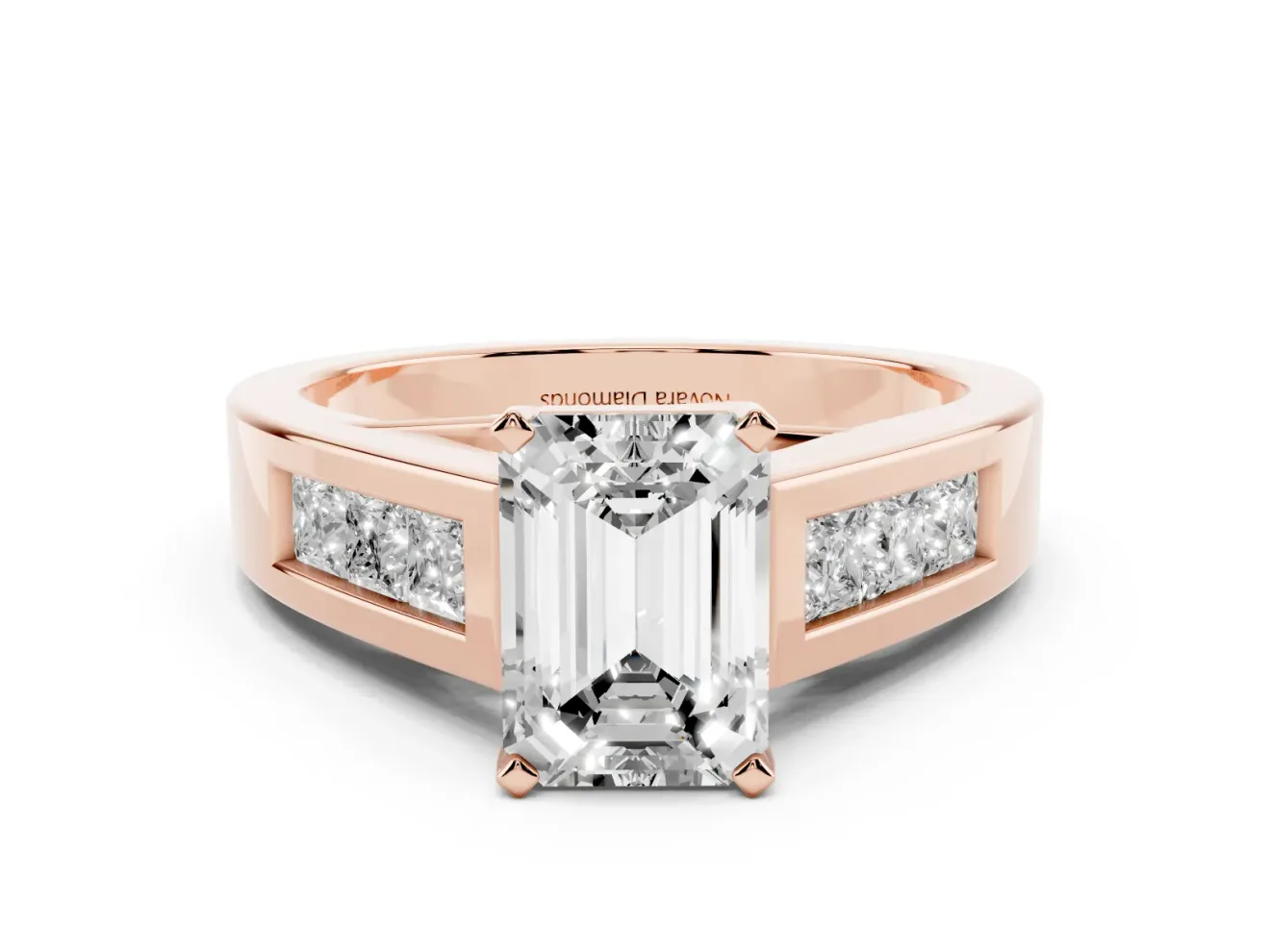 Emerald Cut Channel-Set Engagement Ring Setting | Princess Side Stones | Rose Gold
