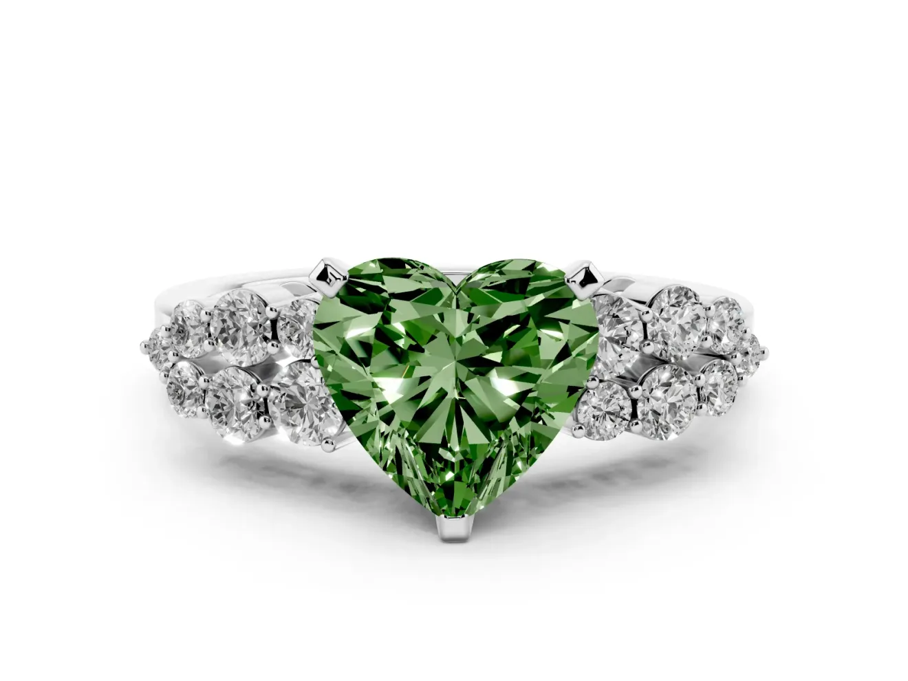 Fancy Green Heart Cut Diamond Cluster Engagement Ring Set in Silver with Pavé Band and Prong Setting