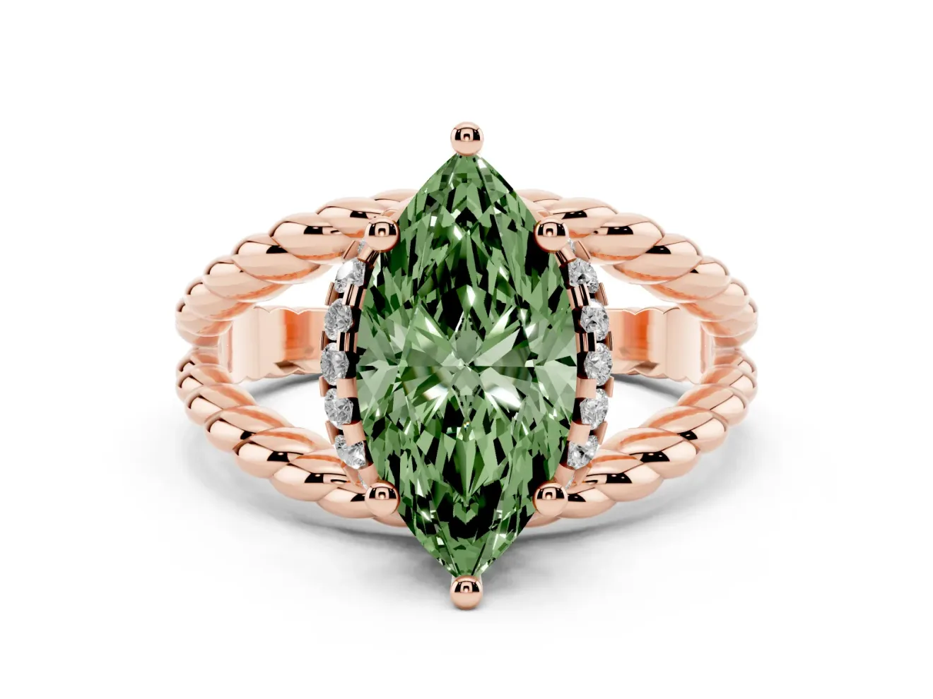 Fancy Green Marquise Cut Diamond Halo Ring Set in Rose gold with Twisted Band and Prong Setting
