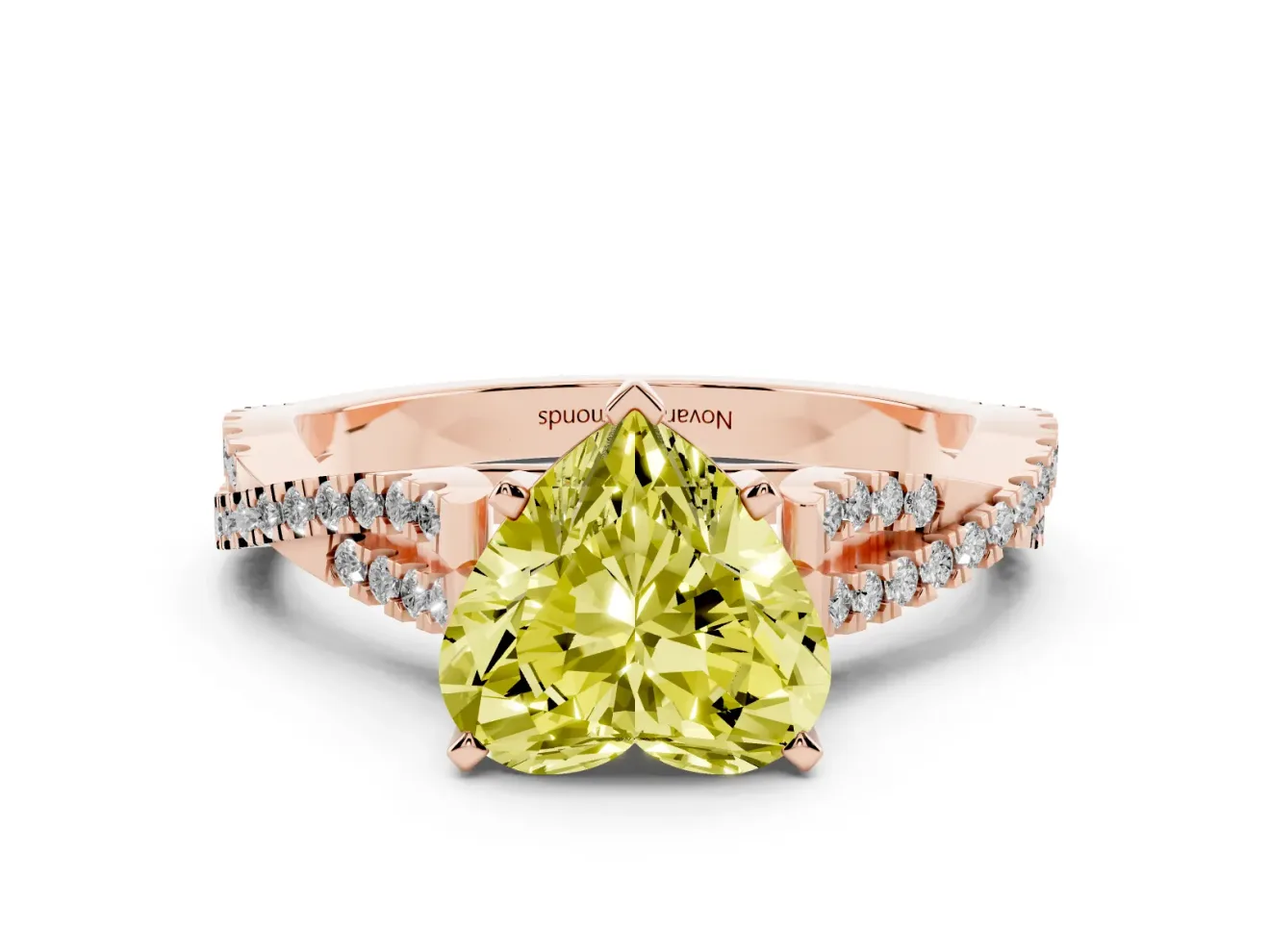 Fancy Yellow Heart Cut Diamond Solitaire Engagement Ring Set in Rose gold with Twisted Pavé Band and Prong Setting