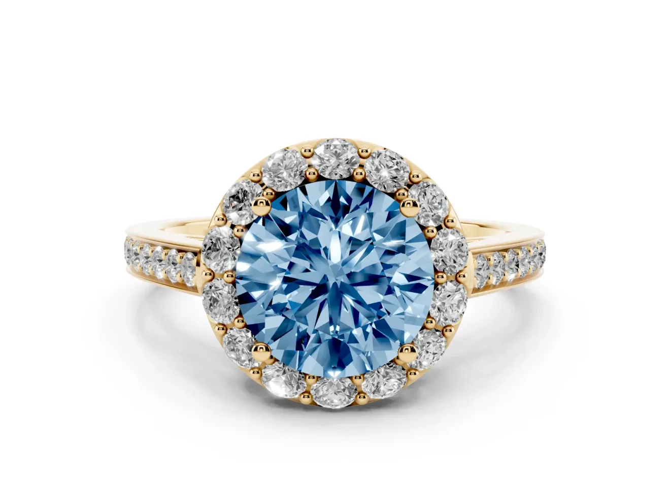 Round Floral Halo Engagement Ring Setting for a Fancy Blue Lab-Grown Diamond | Large Round Accents | Yellow Gold