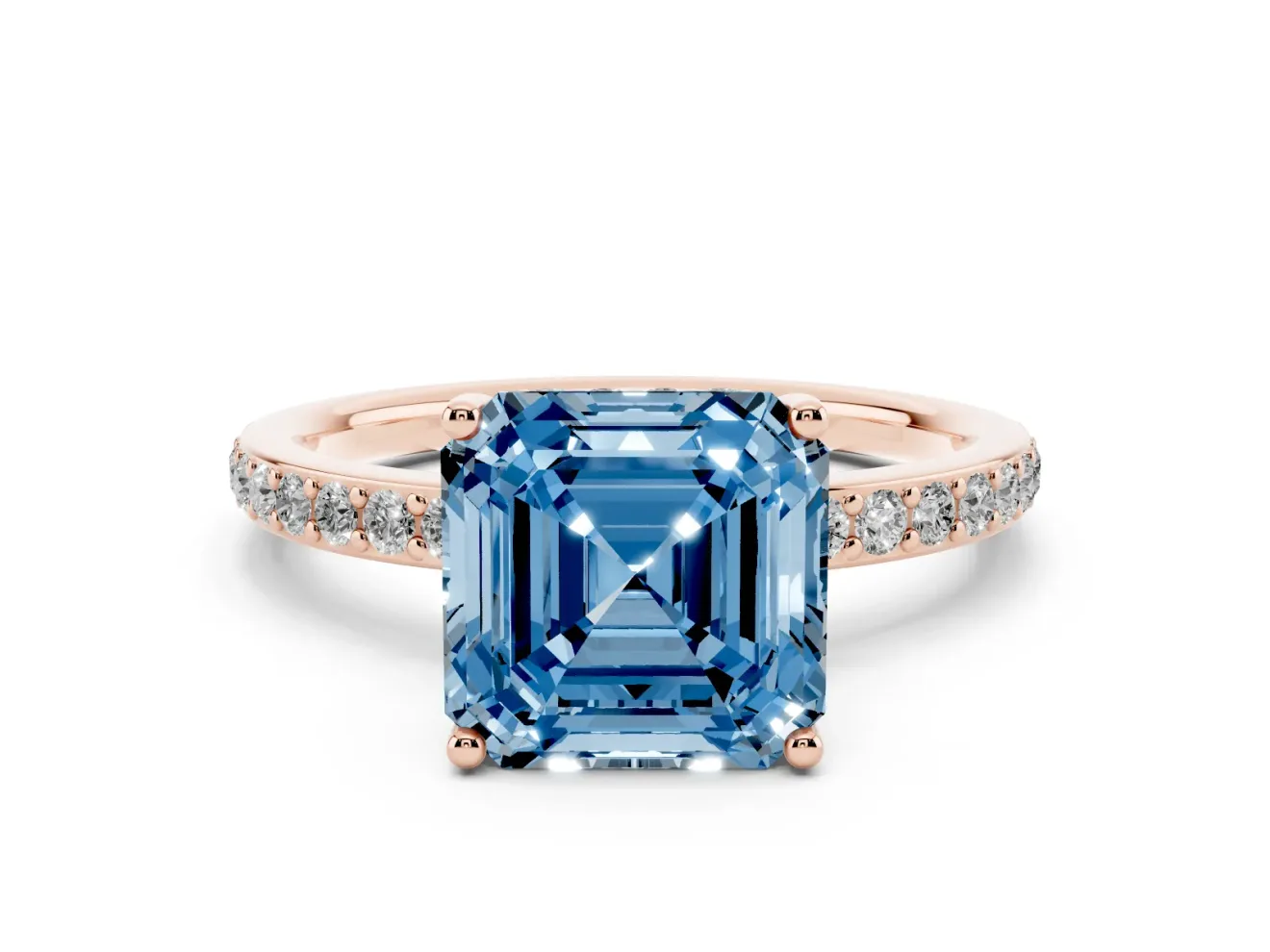 Fancy Blue Asscher Cut Diamond Pavé Band Ring Set in Rose gold with Prong-Set Center Stone