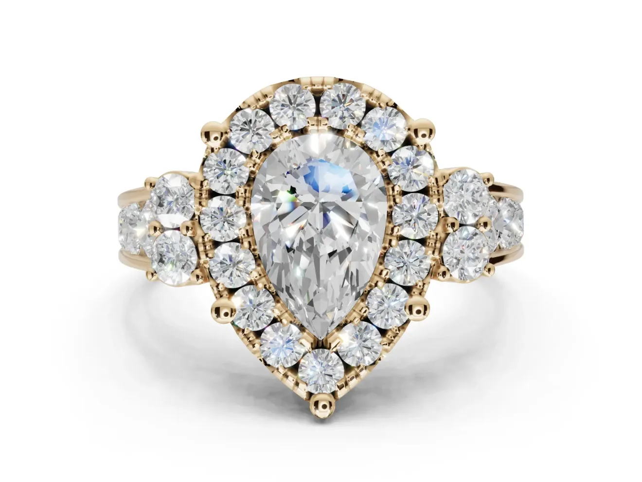 Pear-Shaped Halo Side Cluster Engagement Ring Setting | Graduated Channel Band | Yellow Gold