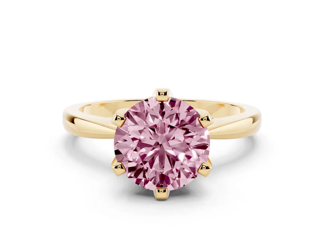Fancy Pink Round Cut Diamond Solitaire Engagement Ring Set in Yellow gold with Slim Tapered Solitaire Band