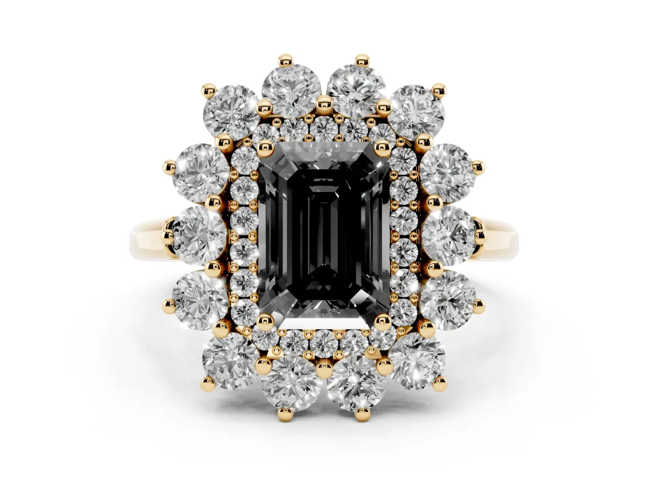 Emerald Cut Floral Double Halo Engagement Ring Setting for a Black Center | Plain Band | Yellow Gold
