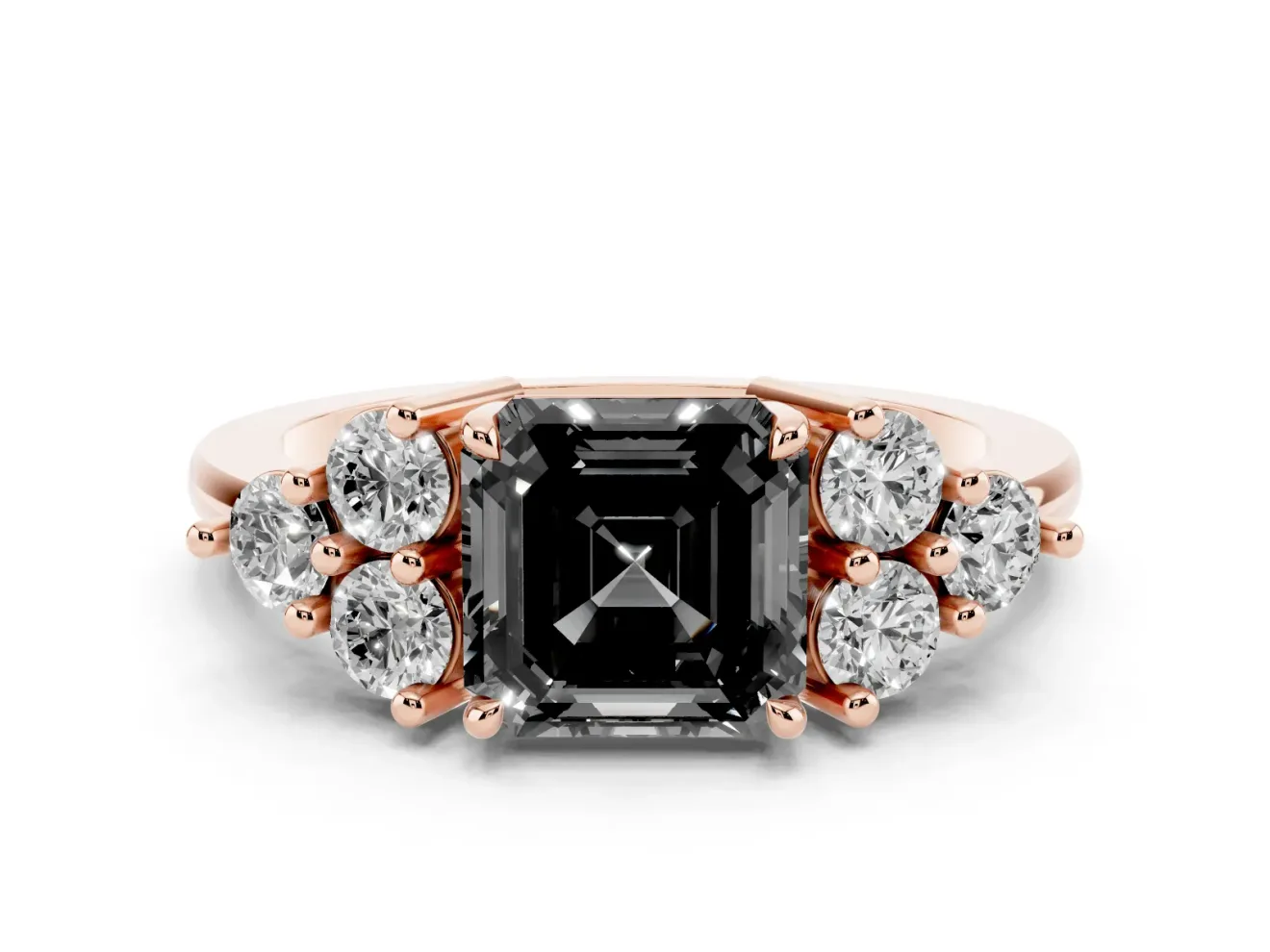 Fancy Black Asscher Cut Diamond Solitaire Ring Set in Rose gold with Cluster Accents on Each Side
