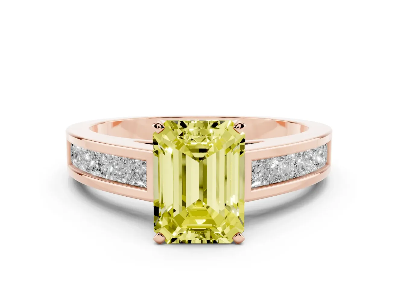 Fancy Yellow Emerald Cut Diamond Solitaire Ring Set in Rose gold with Channel-Set Band and Prong Setting