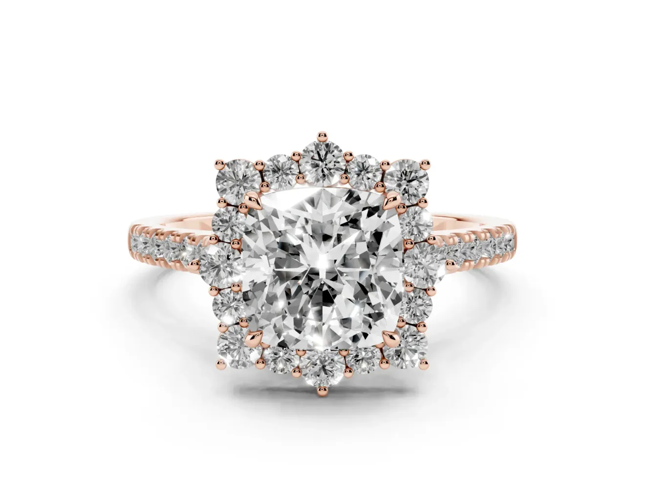 Cushion Cut Scalloped Halo Engagement Ring Setting | Single Row Pave | Rose Gold