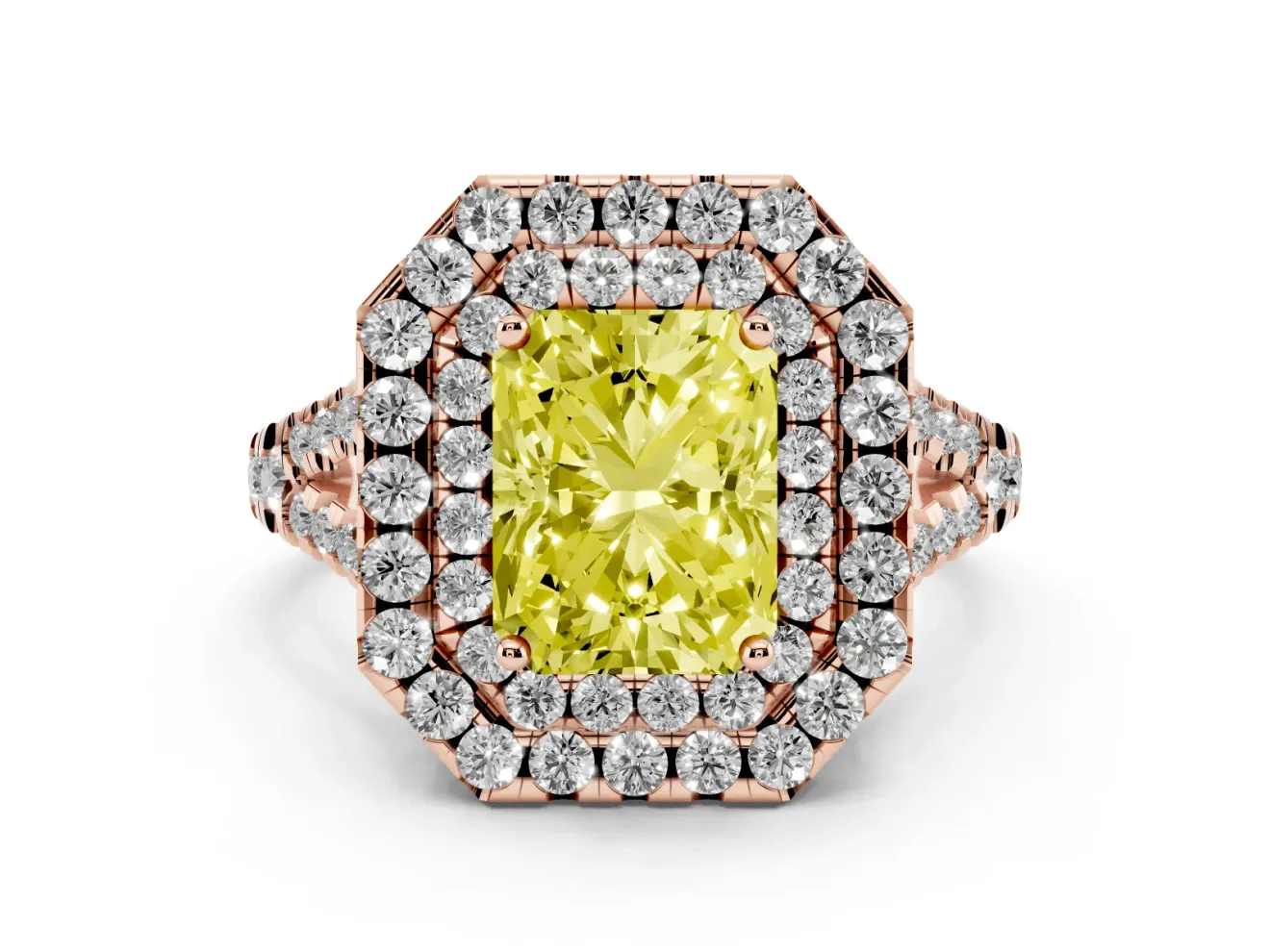Radiant Cut Halo Split Shank Engagement Ring Setting for a Fancy Yellow Lab-Grown Diamond | Pavé Strands | Rose Gold