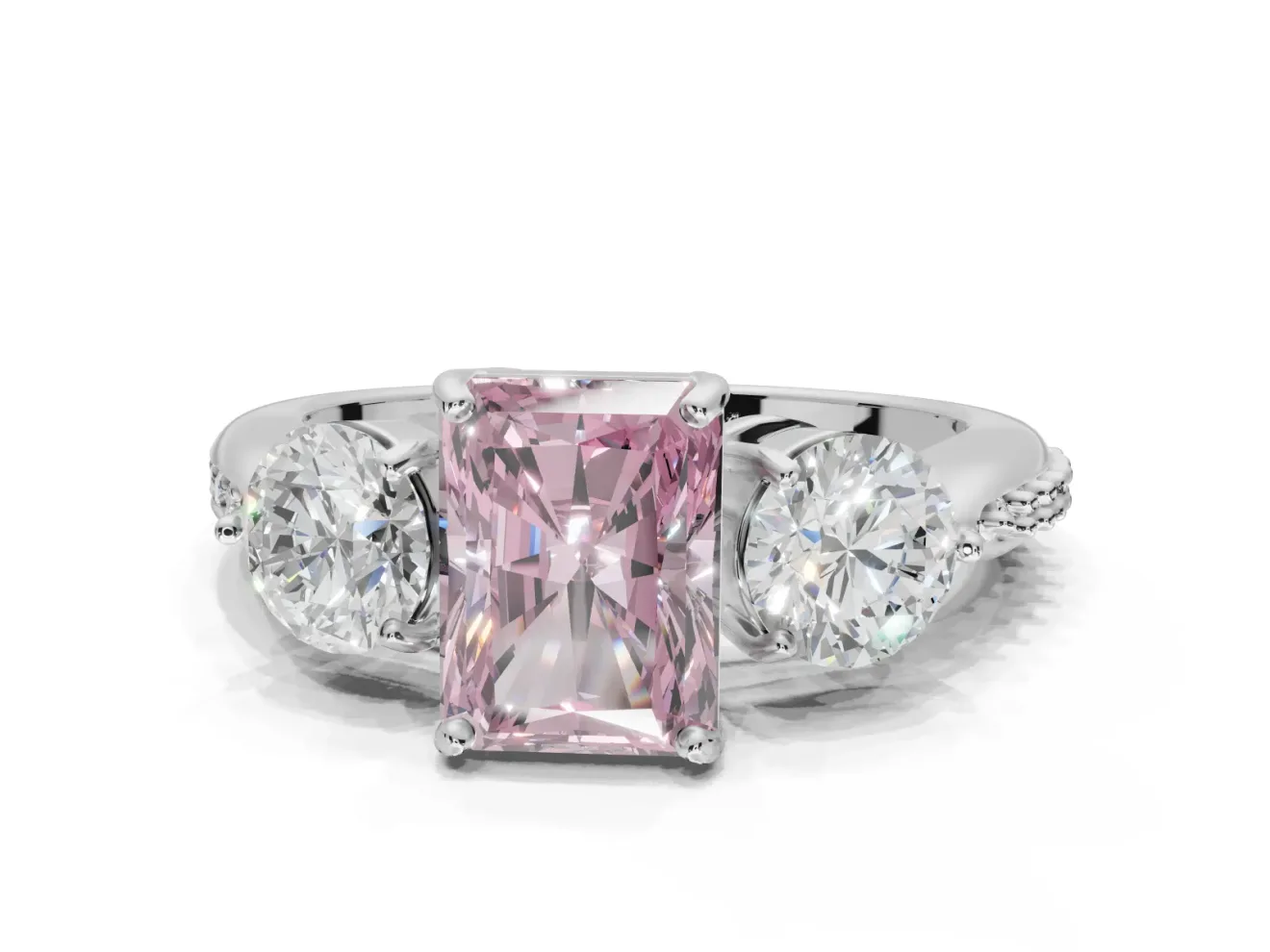 Radiant Cut Three Stone Engagement Ring Setting for a Fancy Pink Lab-Grown Diamond | Tapered Pave Band | Platinum