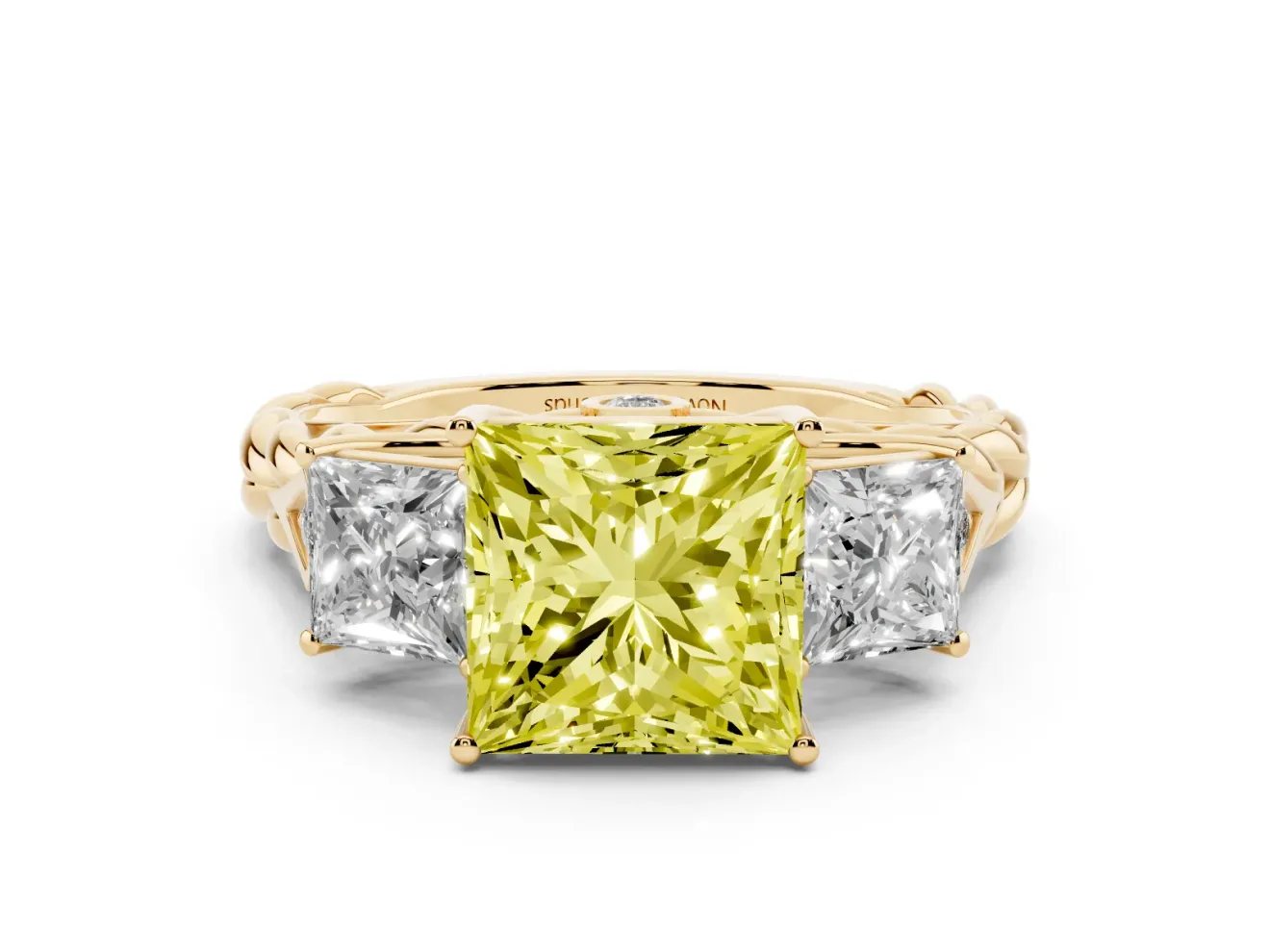 Fancy Yellow Princess Cut Diamond Three-Stone Ring Set in Yellow gold with Braided Band