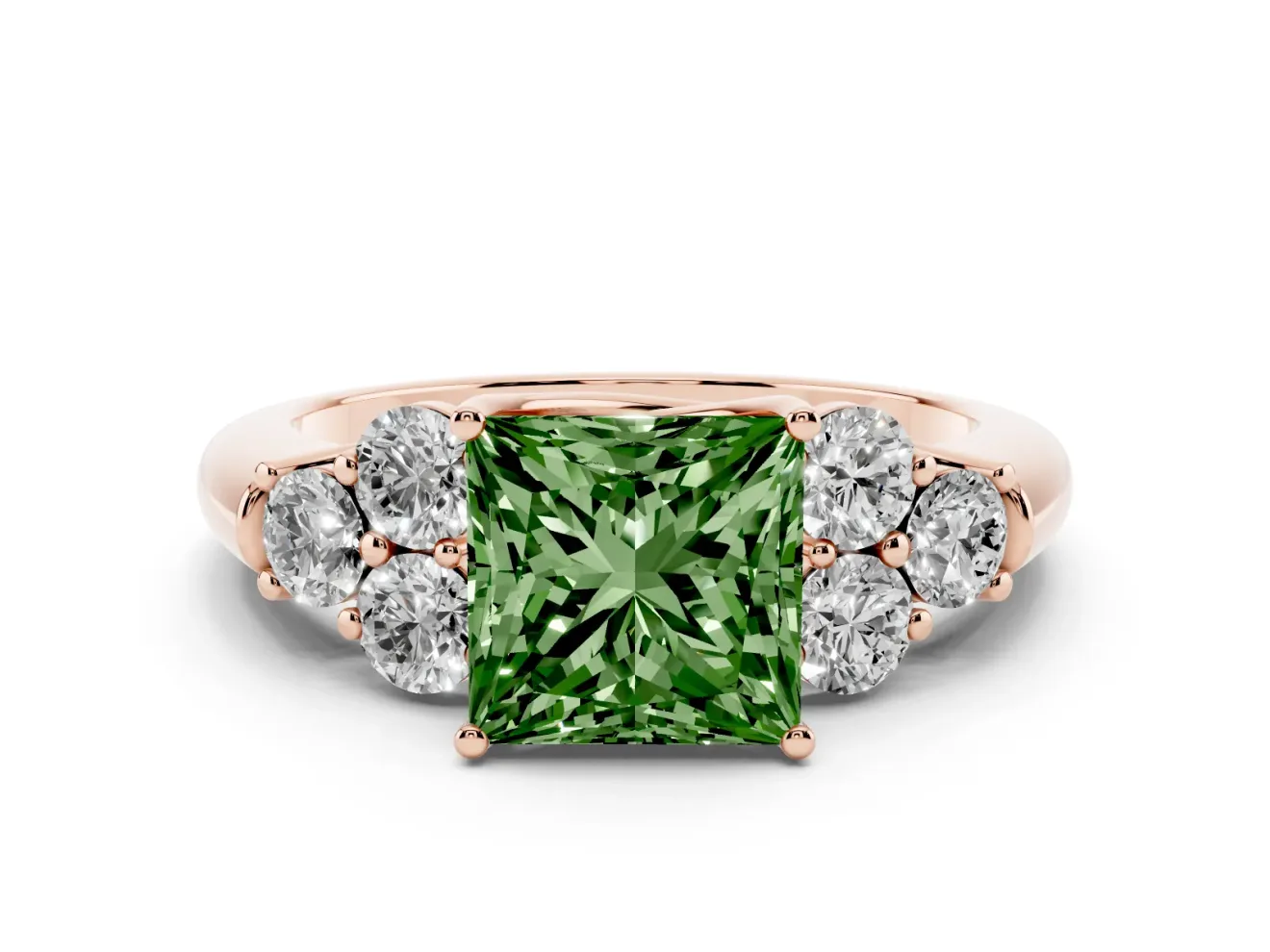 Fancy Green Princess Cut Diamond Cluster Ring Set in Rose gold with Round Accent Stones and Prong Setting on a Plain Band