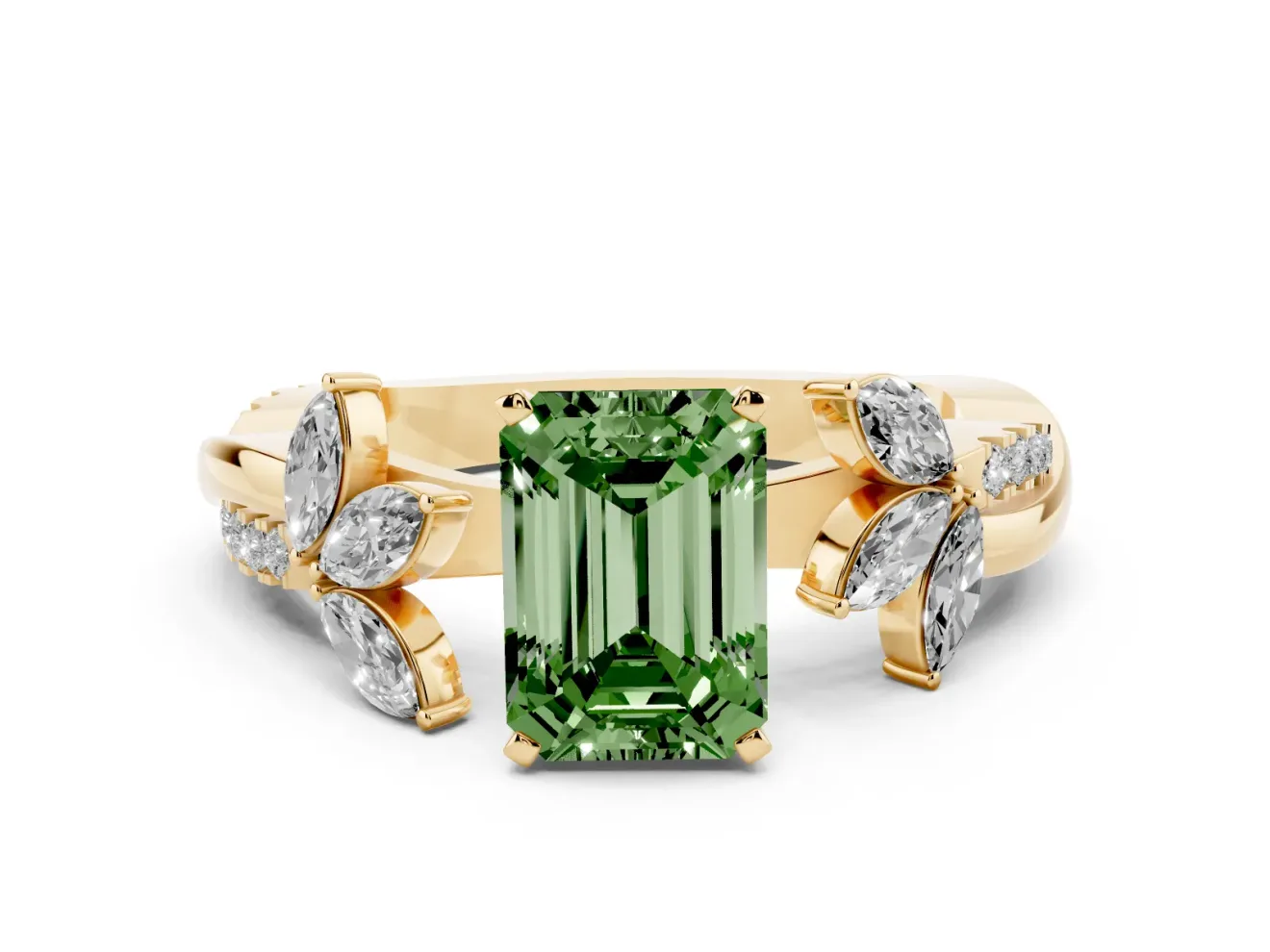 Emerald Cut Floral Vine Engagement Ring Setting for a Fancy Green Lab-Grown Diamond | Yellow Gold