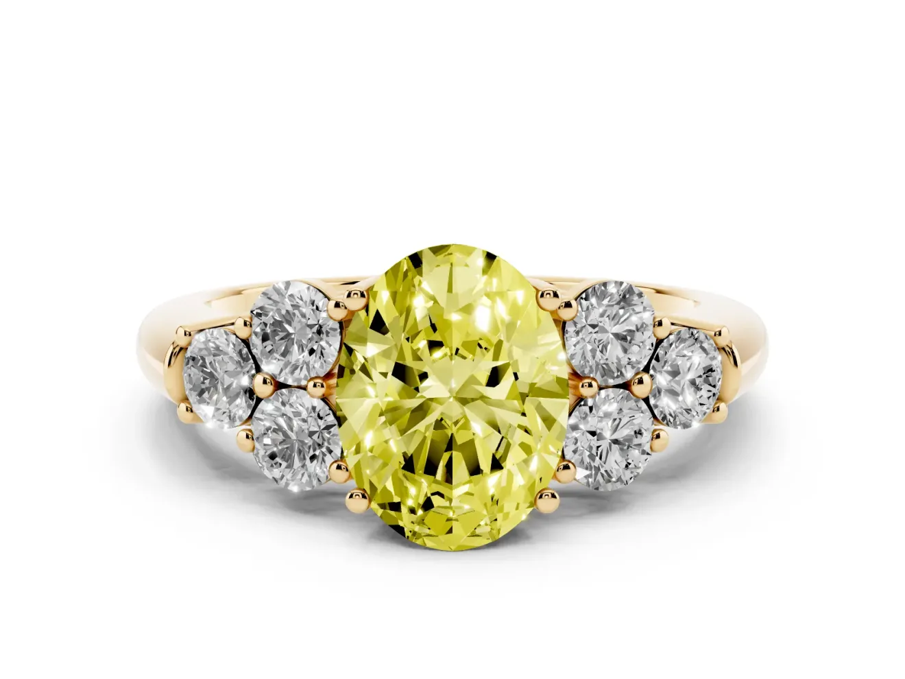 Fancy Yellow Oval Cut Diamond Cluster Ring Set in Yellow gold with Round Accent Stones and Prong Setting on a Plain Band