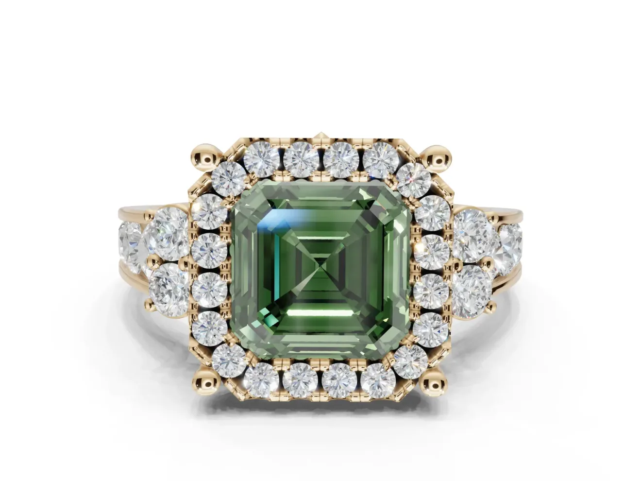 Asscher Cut Halo Engagement Ring Setting for a Fancy Green Lab-Grown Diamond | Graduated Channel Band | Yellow Gold
