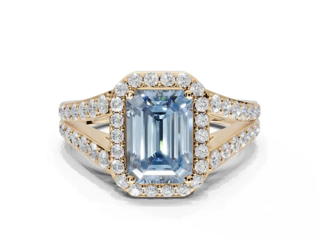 Emerald Cut Halo Pavé Engagement Ring Setting for a Fancy Blue Lab-Grown Diamond | Narrow Split Shank | Yellow Gold
