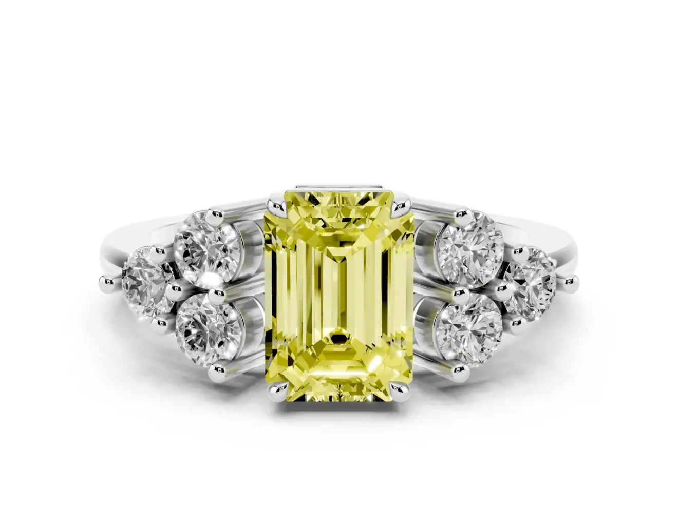 Fancy Yellow Emerald Cut Diamond Solitaire Ring Set in Silver with Cluster Accents on Each Side