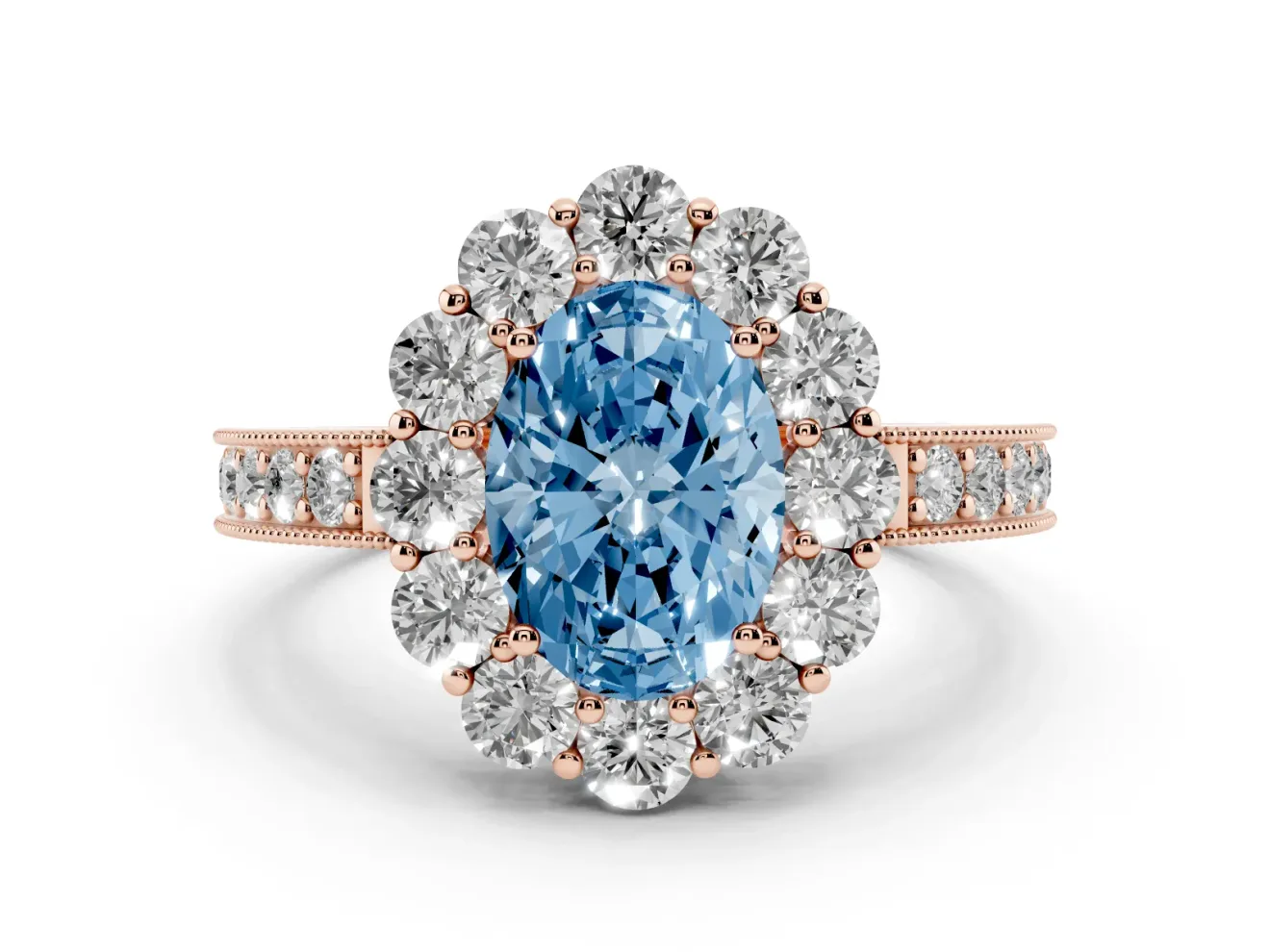 Oval Vintage Halo Engagement Ring Setting for a Fancy Blue Lab-Grown Diamond | Rose Gold