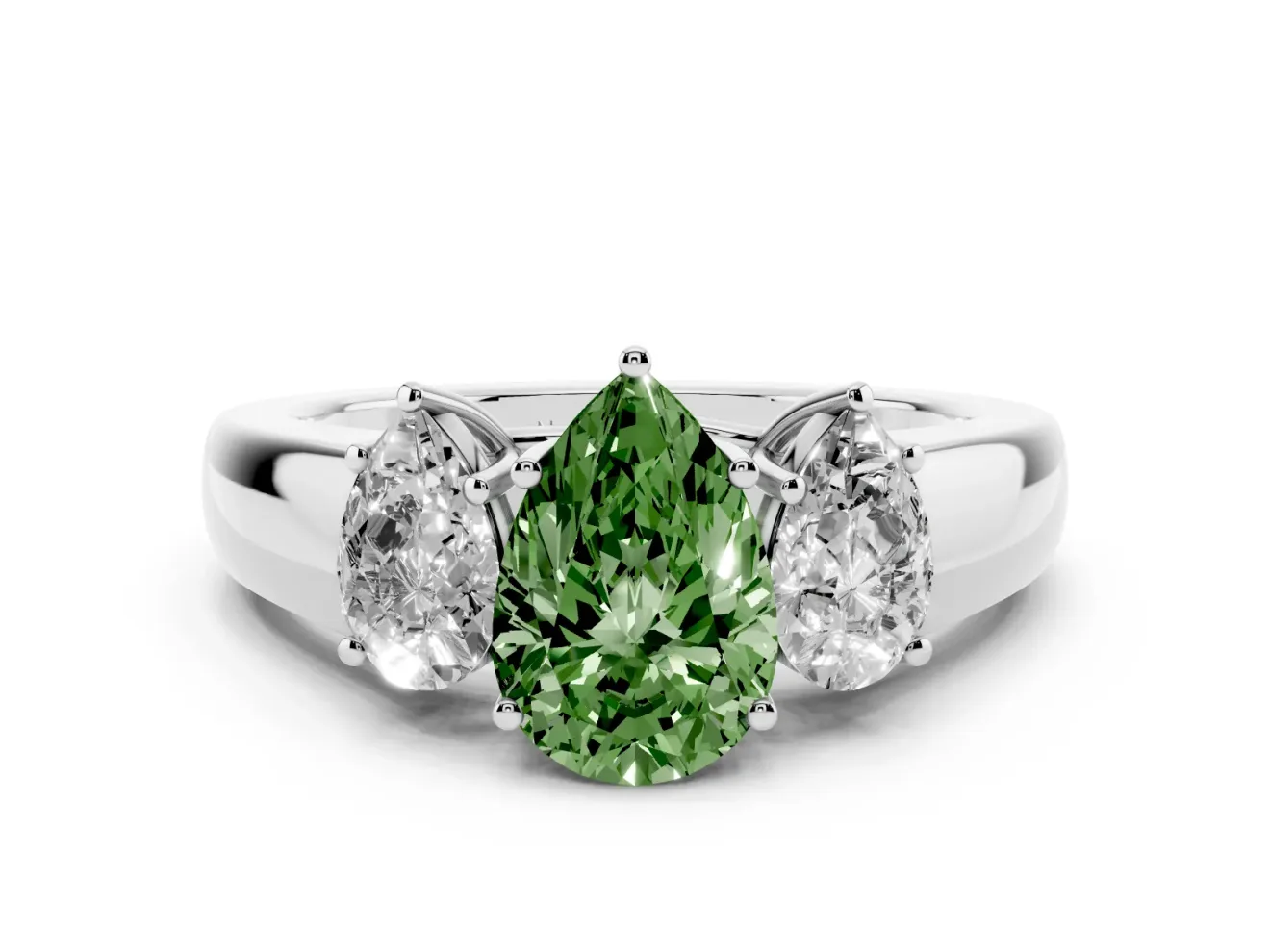 Fancy Green Three-Stone Pear Cut Diamond Ring Set in White gold with Matching Prong Settings and Plain Band