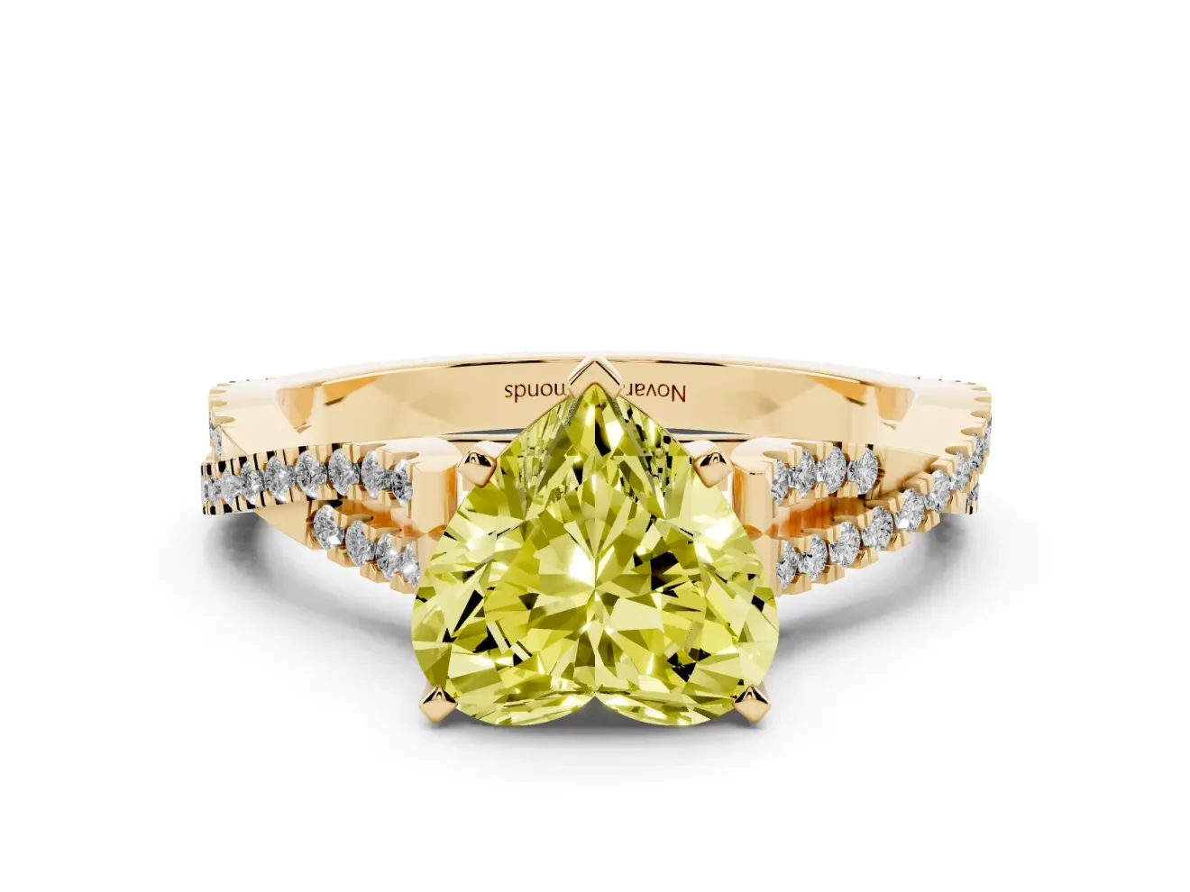 Fancy Yellow Heart Cut Diamond Solitaire Engagement Ring Set in Yellow gold with Twisted Pavé Band and Prong Setting