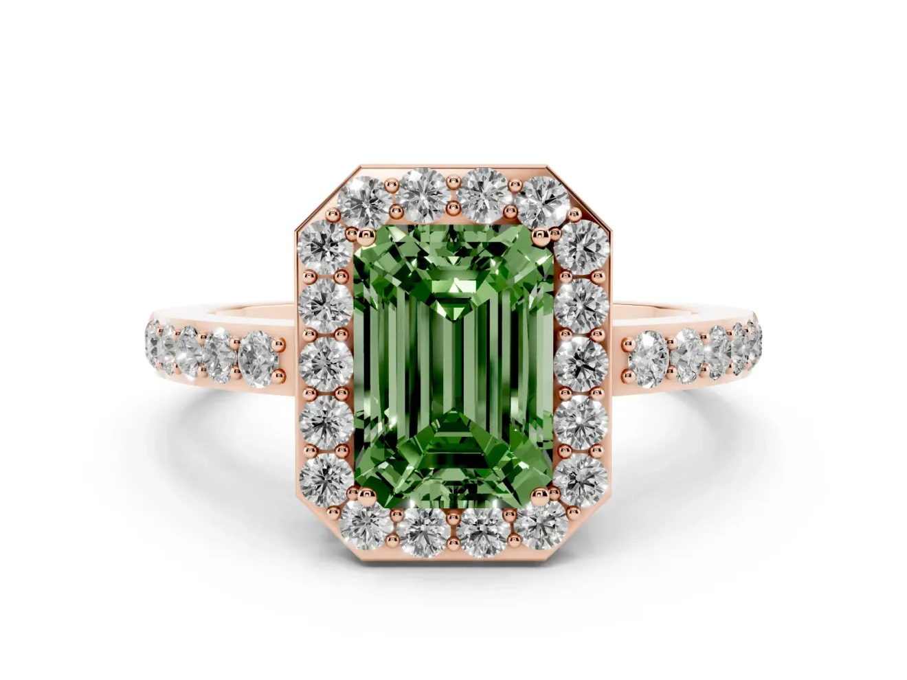 Fancy Green Emerald Cut Diamond Halo Ring Set in Rose gold with Pavé-Setting Band and Open Prong Center