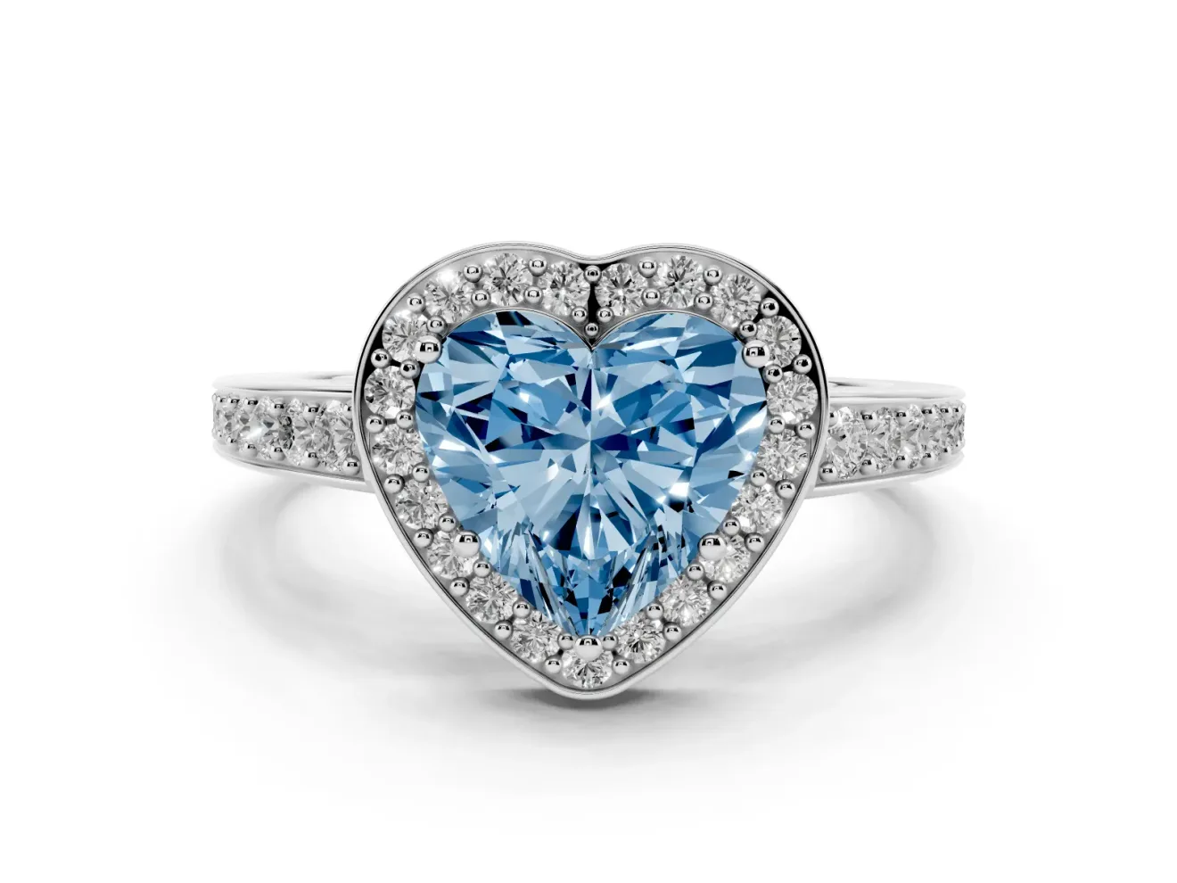 Fancy Blue Heart Cut Diamond Halo Pavé Engagement Ring Set in White gold with Bezel Setting