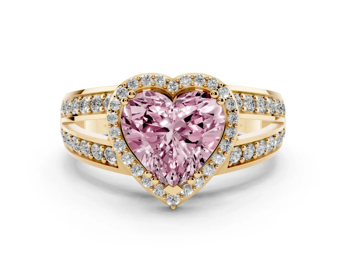 Heart-Shaped Halo Engagement Ring Setting for a Fancy Pink Lab-Grown Diamond | Two-Row Pave Split Shank | Yellow Gold