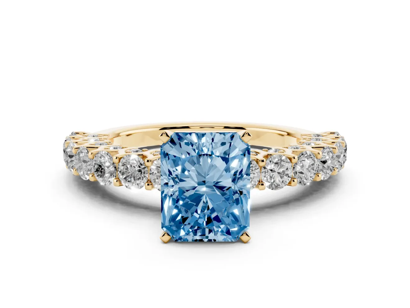Radiant Cut Shared Prong Engagement Ring Setting for a Fancy Blue Lab-Grown Diamond | Yellow Gold