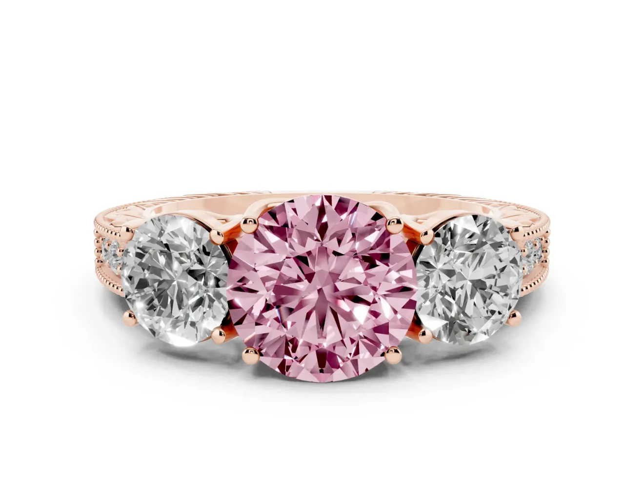 Round Vintage Three Stone Engagement Ring Setting for a Fancy Pink Lab-Grown Diamond | Rose Gold