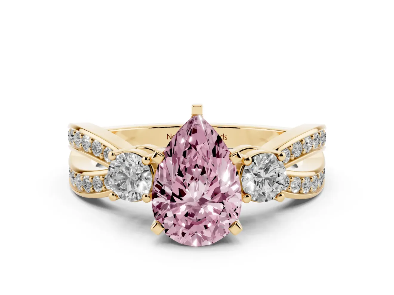 Pear-Shaped Three-Stone Twist Engagement Ring Setting for a Fancy Pink Lab-Grown Diamond | Yellow Gold