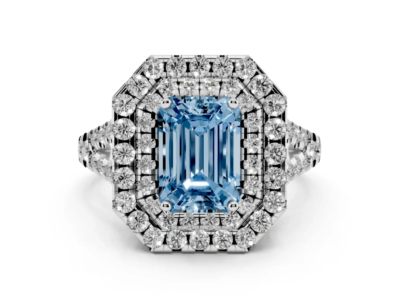 Emerald Cut Halo Split Shank Engagement Ring Setting for a Fancy Blue Lab-Grown Diamond | Pavé Strands | Platinum
