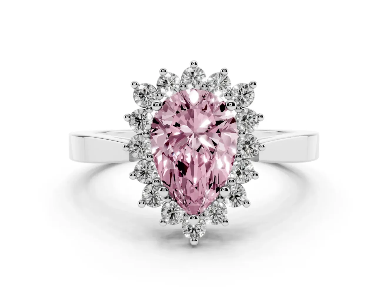 Fancy Pink Pear Cut Diamond Halo Ring Set in White gold with Round Halo and Smooth Solitaire Band