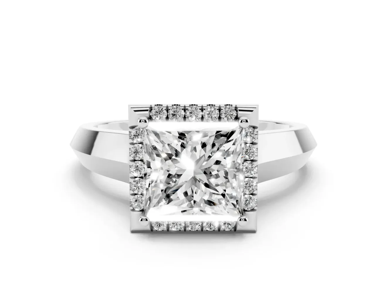 Princess Cut Diamond Halo Ring Set in White gold with Cathedral Band and Prong Setting