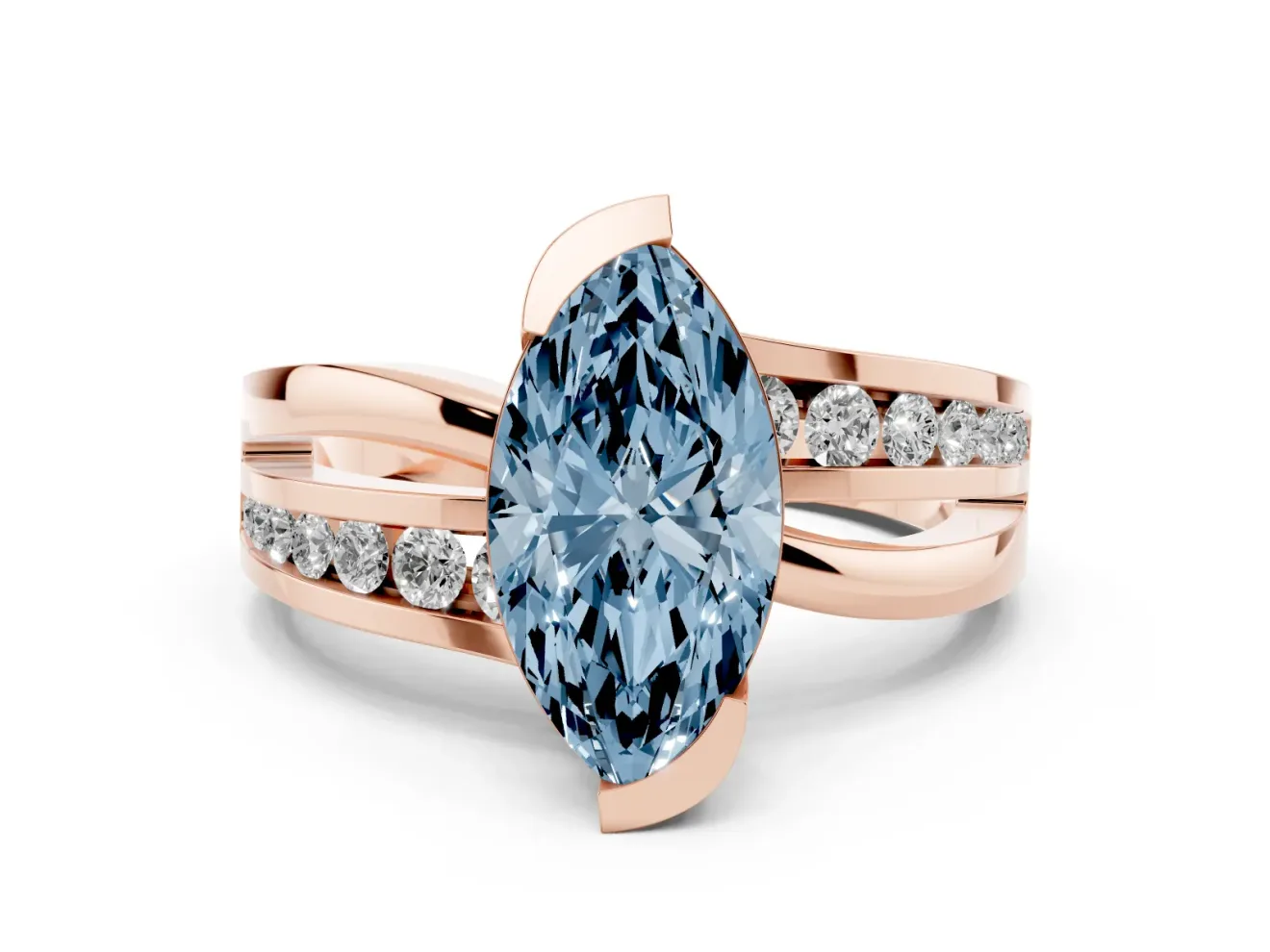 Fancy Blue Marquise Cut Diamond Solitaire Ring Set in Rose gold with Channel Set Split Shank and Tension Prongs